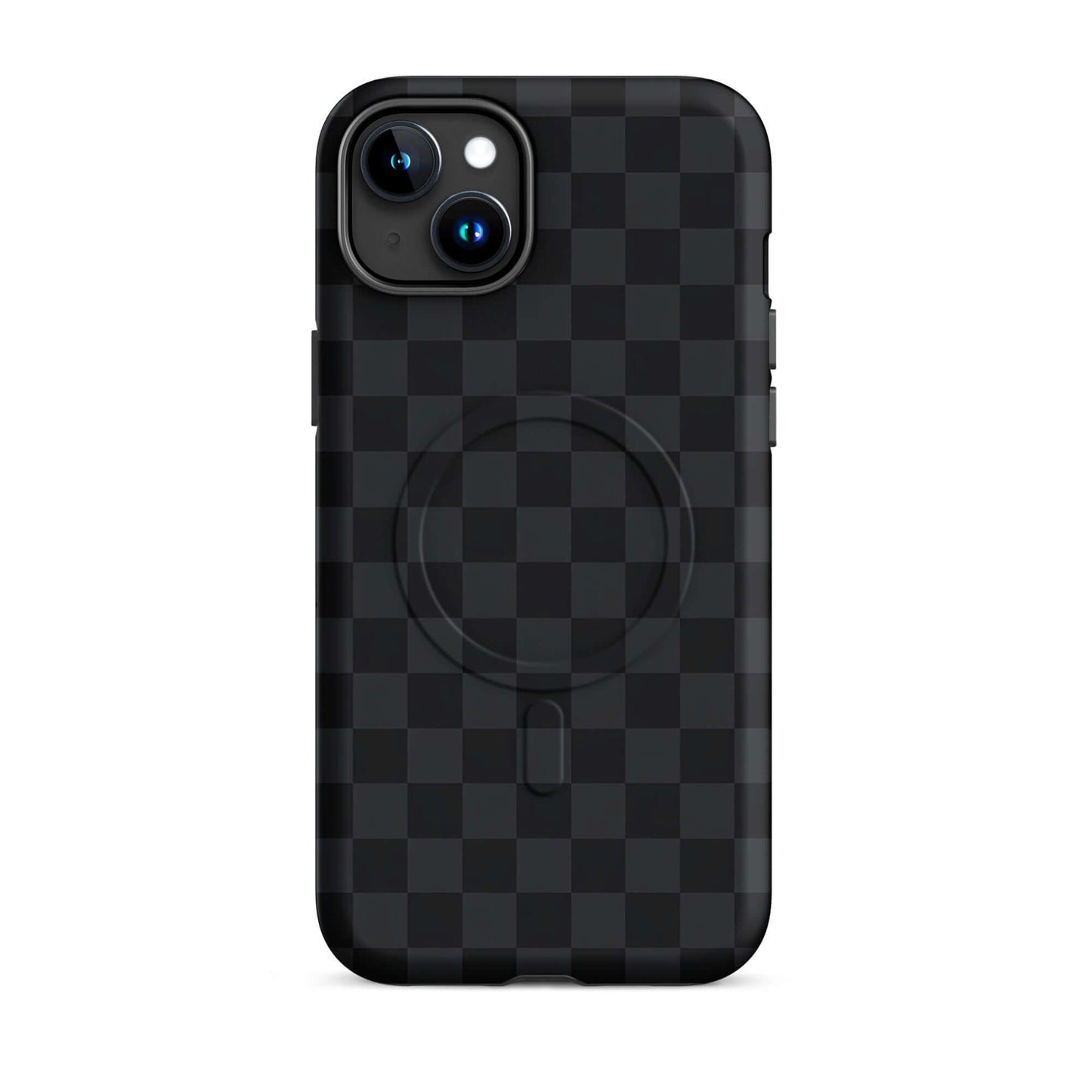 Magnetic Phone Case for iPhone with black and charcoal checkered design, sleek and modern protection.