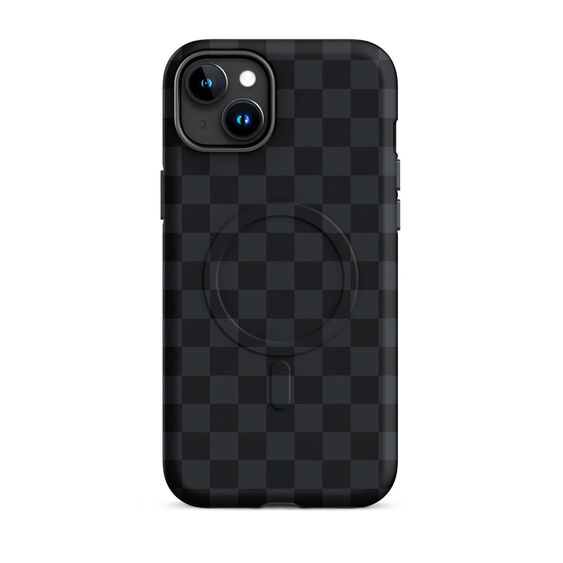 Magnetic Phone Case for iPhone with black and charcoal checkered design, sleek and modern protection.
