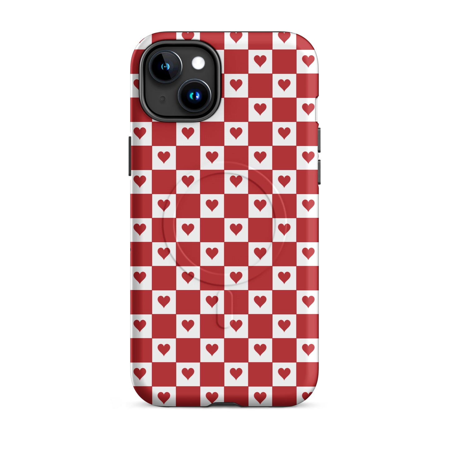 Magnetic Phone Case for iPhone with cute red heart checkered design, displaying a nostalgic and modern style.