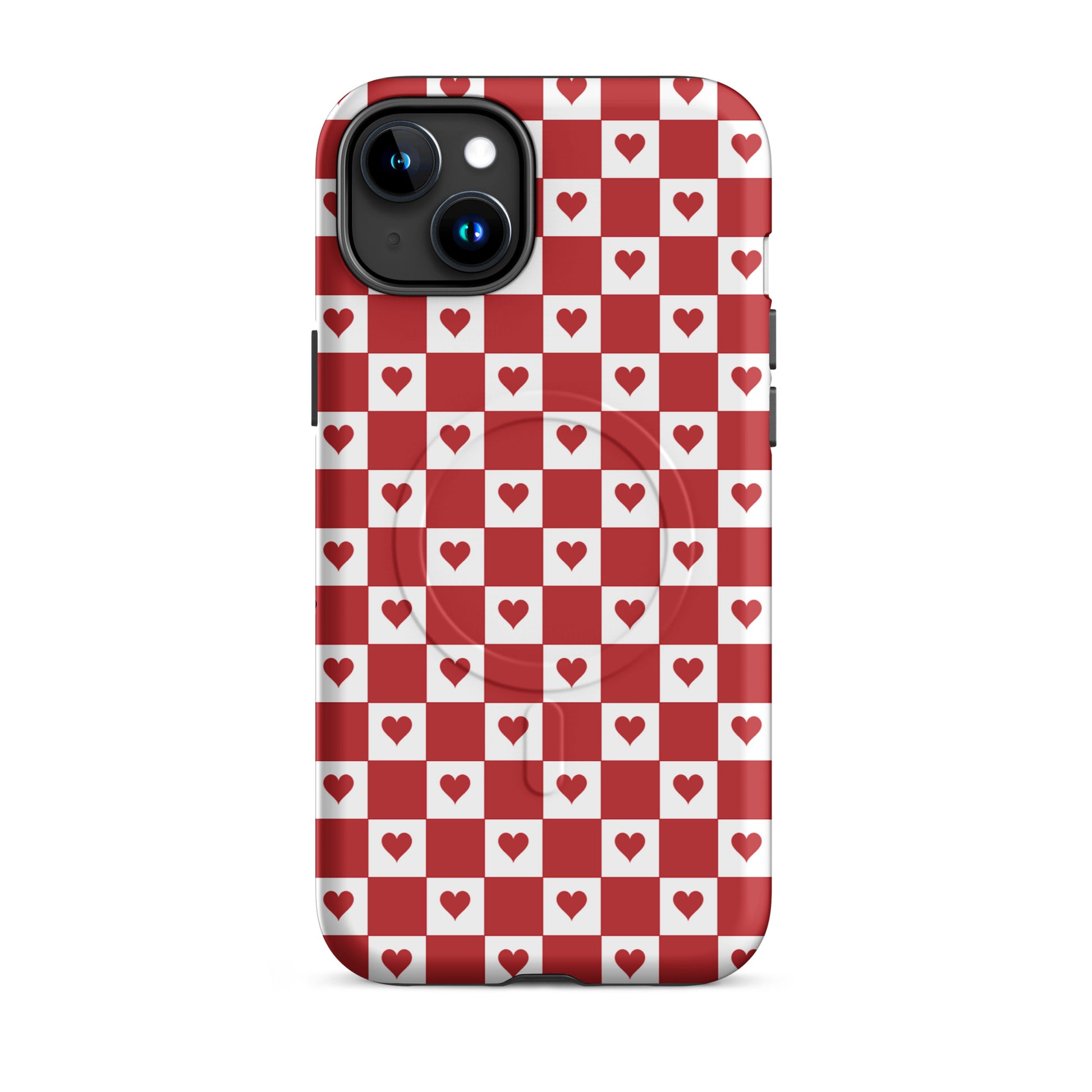 Magnetic Phone Case for iPhone with cute red heart checkered design, displaying a nostalgic and modern style.