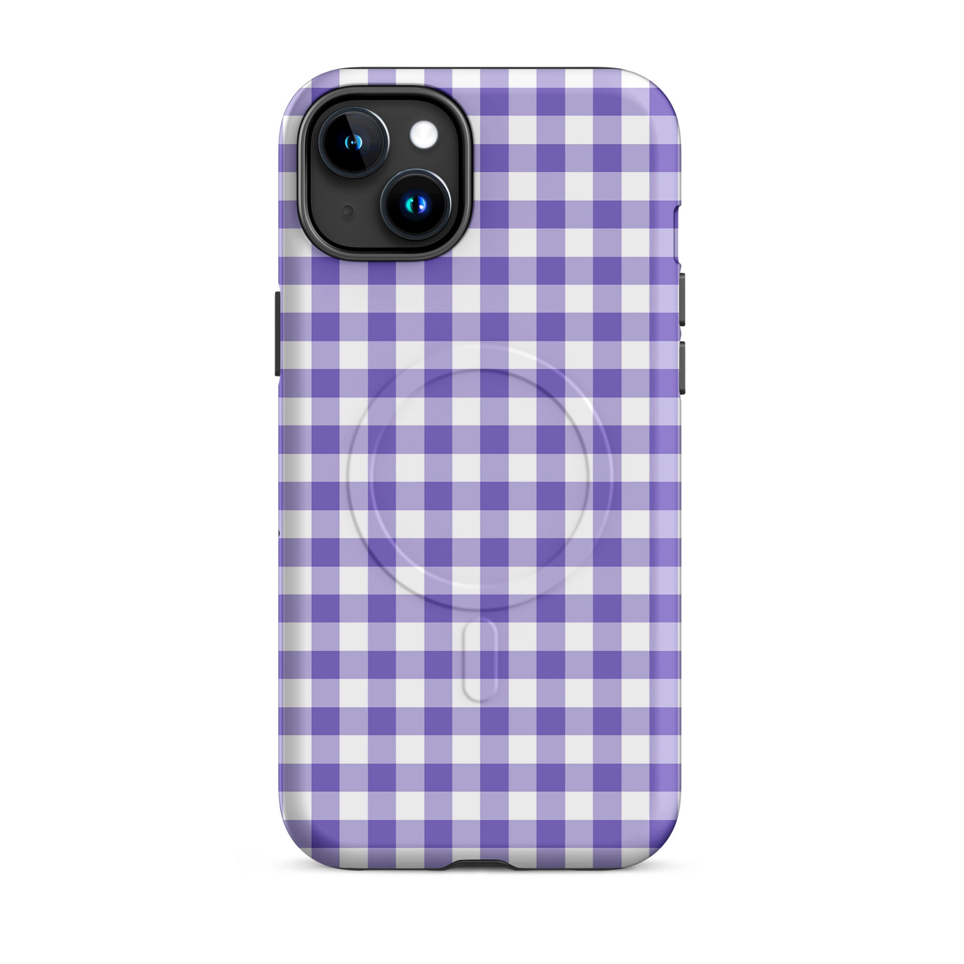 Magnetic Phone Case with purple gingham pattern for iPhone offering style and protection.