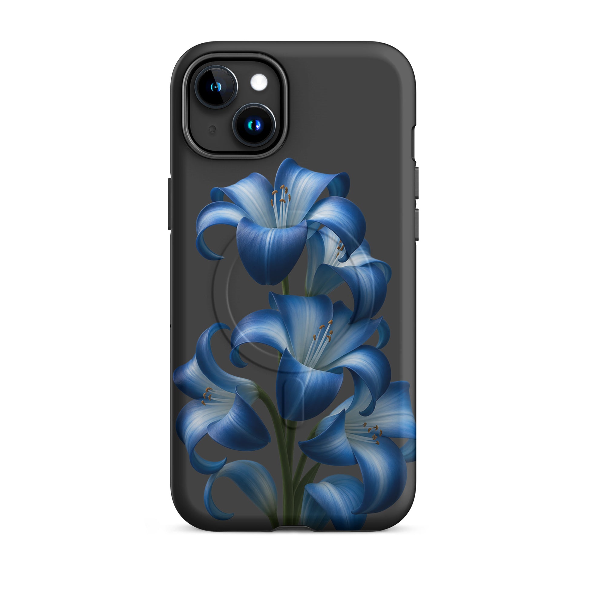 Magnetic Phone Case for iPhone with vibrant blue lily bloom art and sleek dark backdrop. Stylish protective cover for your device.