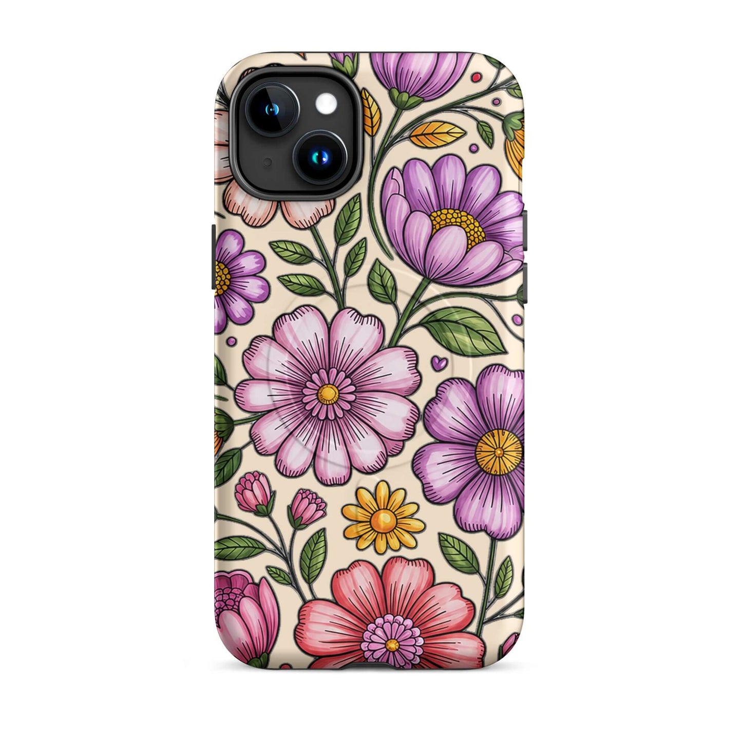 Magnetic Phone Case with pastel floral design, featuring pinks, purples, and yellows on a sturdy dual-layer construction background.