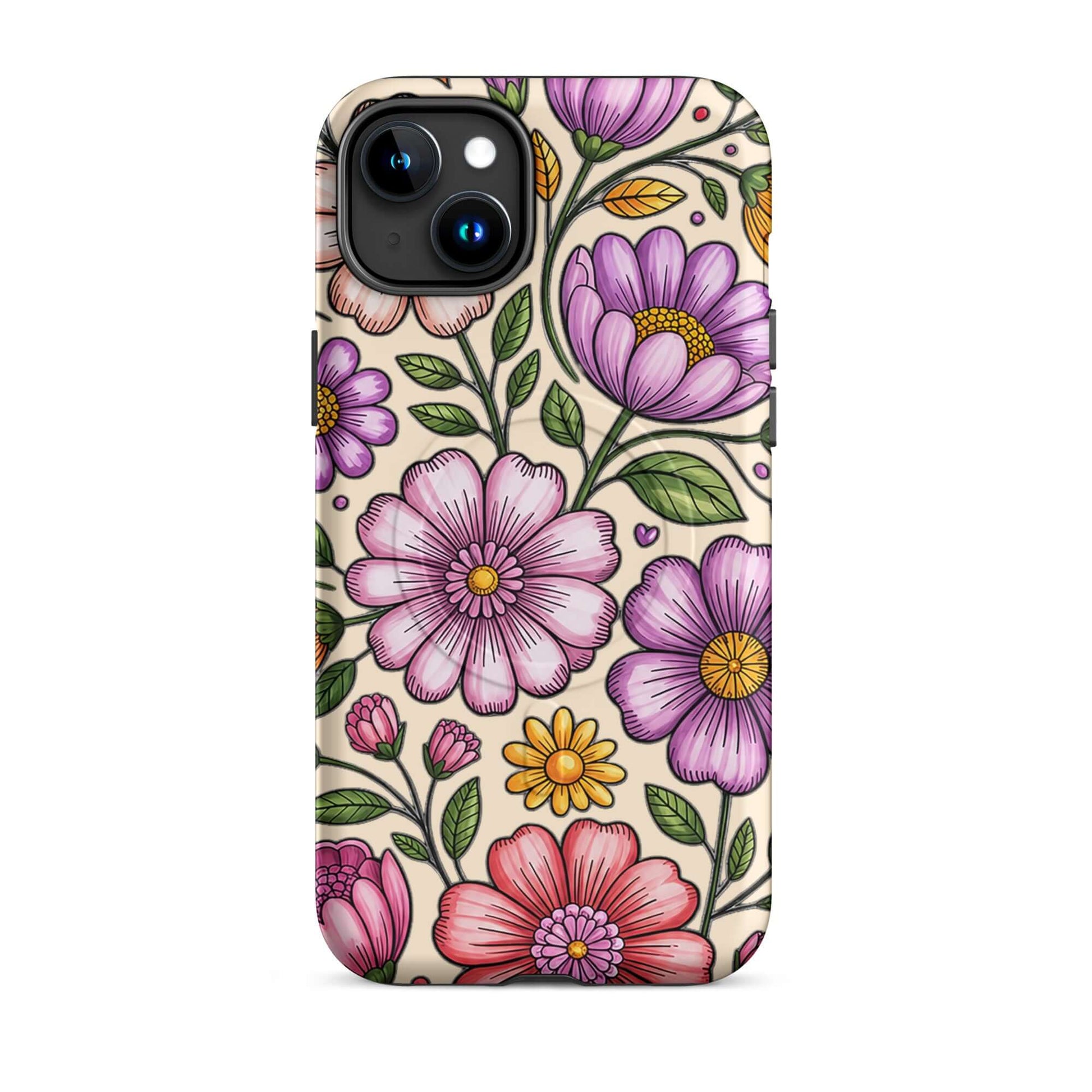Magnetic Phone Case with pastel floral design, featuring pinks, purples, and yellows on a sturdy dual-layer construction background.