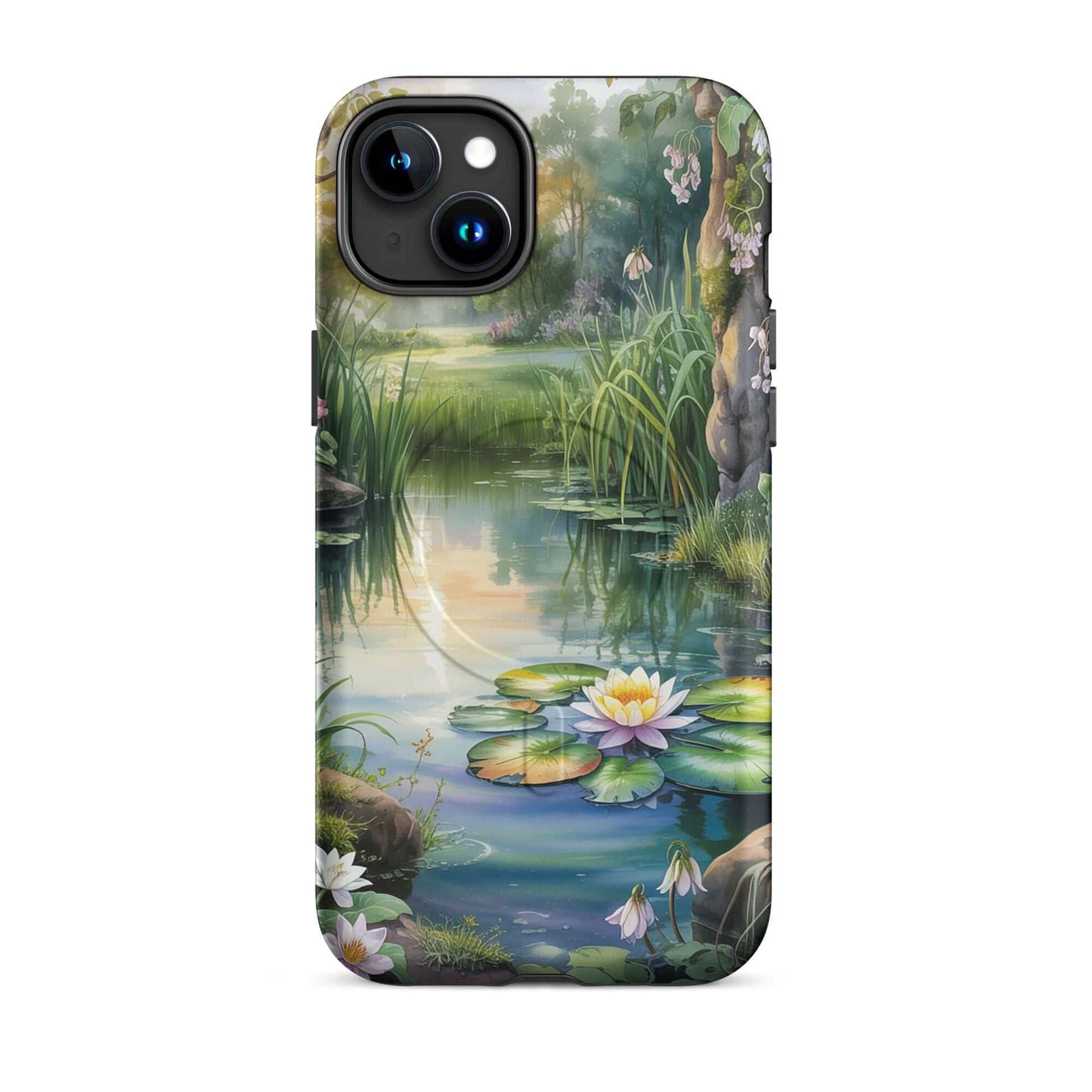 Magnetic Phone Case for iPhone with Enchanted Pond design featuring water lilies and serene scenery.