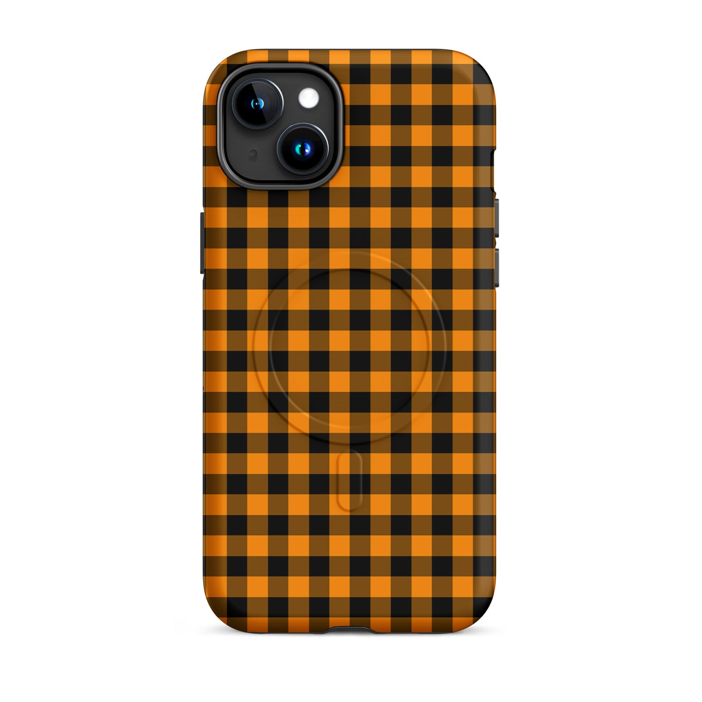 Magnetic Phone Case with black-and-orange gingham pattern for iPhone, autumn theme, sleek and durable design.