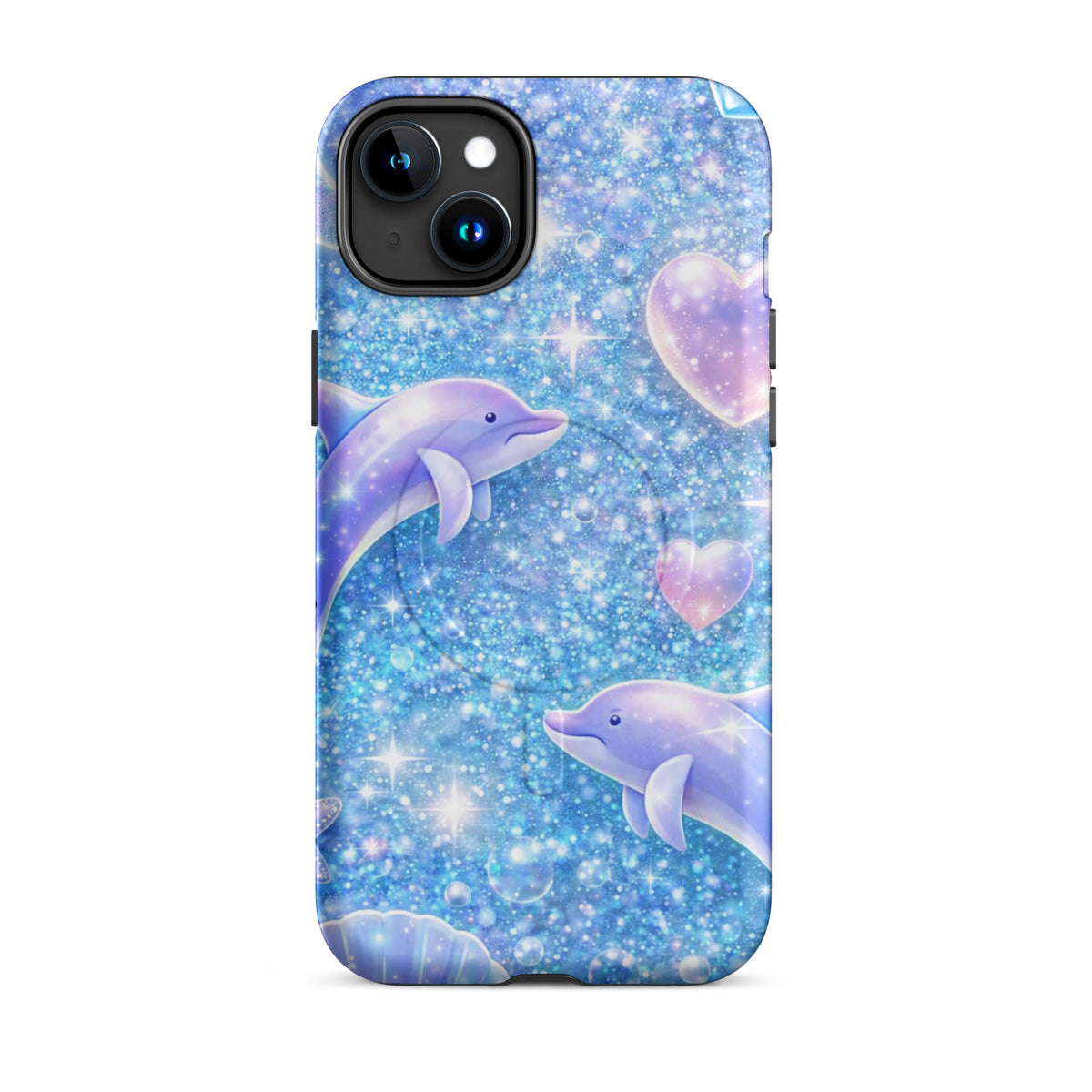 Magnetic Phone Case with Ocean Glitter and Dolphins design for iPhone, featuring shimmering liquid glitter and celestial accents.