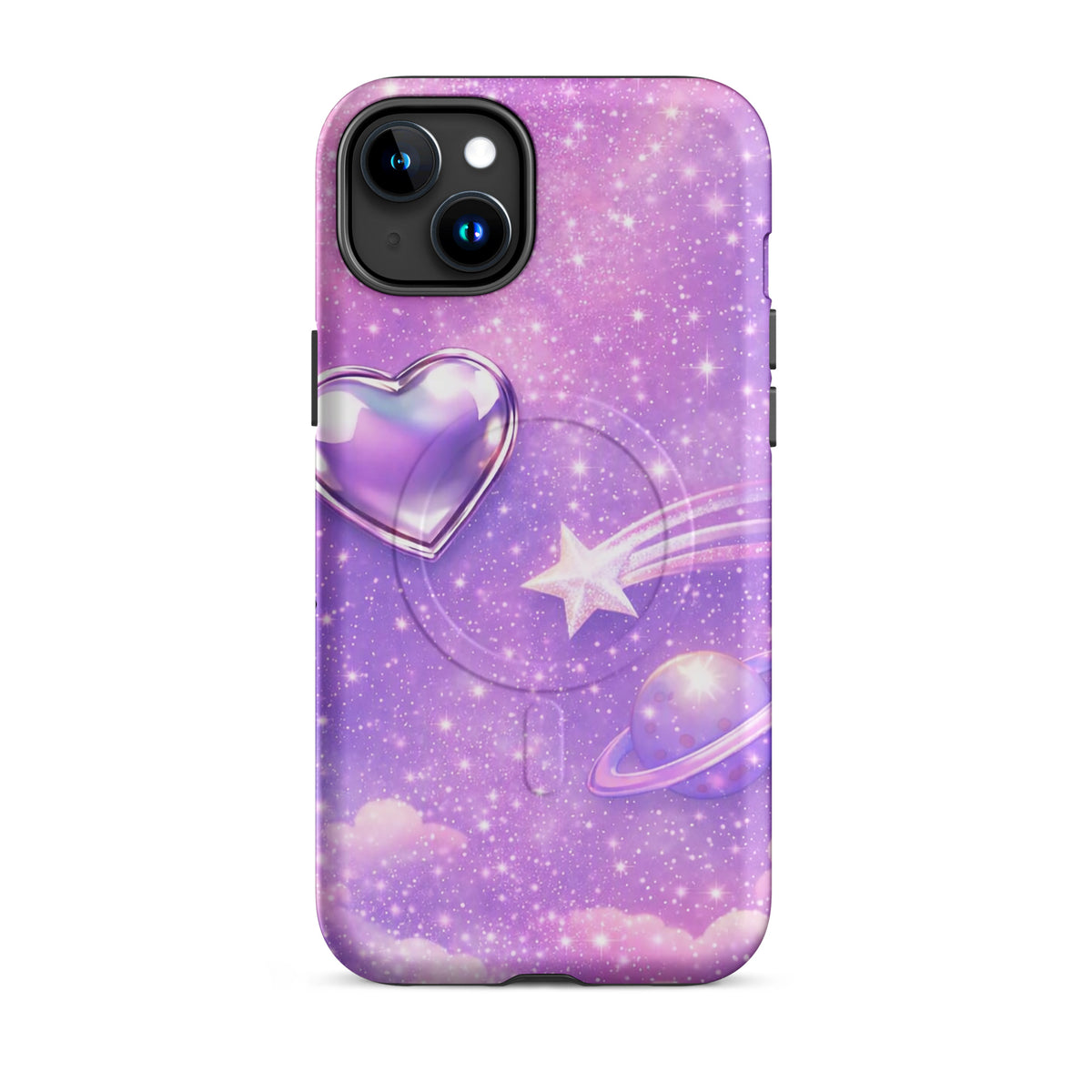 Magnetic Phone Case for iPhone with cosmic heart, shooting star, and celestial design on pastel clouds background.