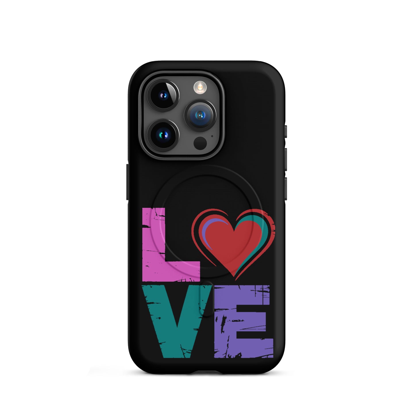 Love Magnetic Dual-Layer Tough Case for iPhone featuring a colorful design with the word 'LOVE' and a heart.