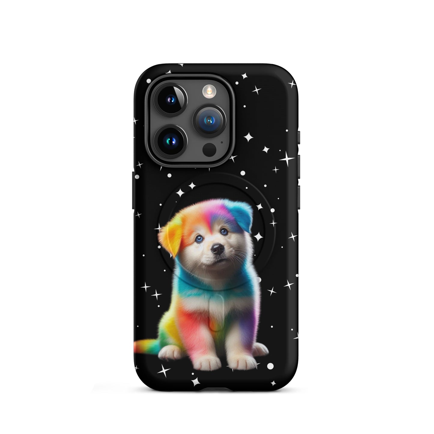 Magnetic Phone Case featuring a rainbow puppy design on a starry night background.