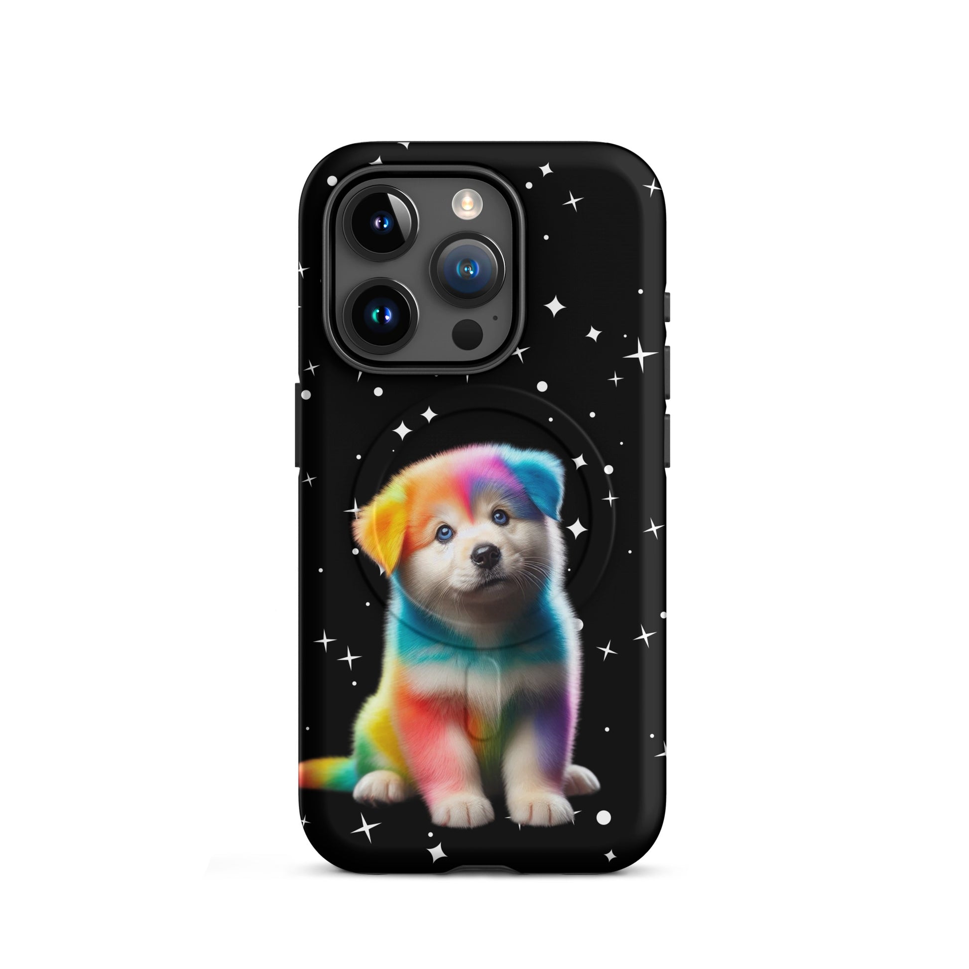 Magnetic Phone Case featuring a rainbow puppy design on a starry night background.