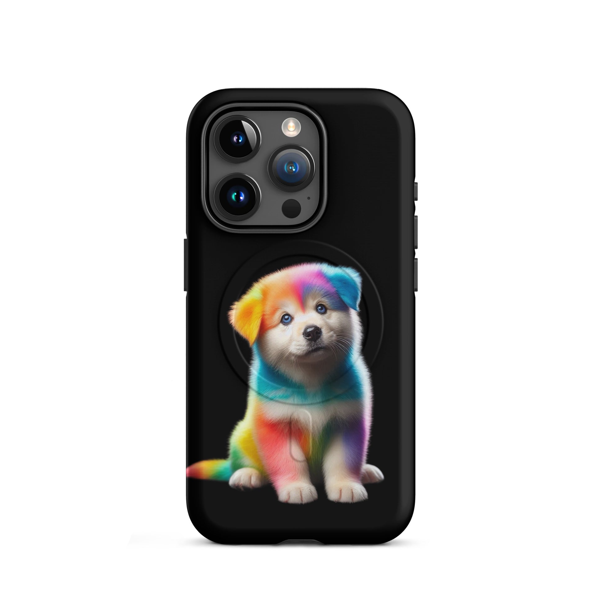 Magnetic Phone Case featuring a rainbow puppy design on a black background for iPhone users.