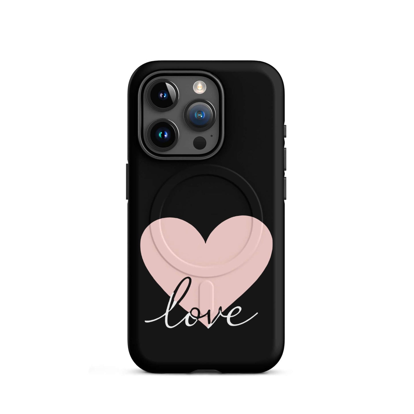 Magnetic Phone Case with heart design and script 'love' on a sleek black background.