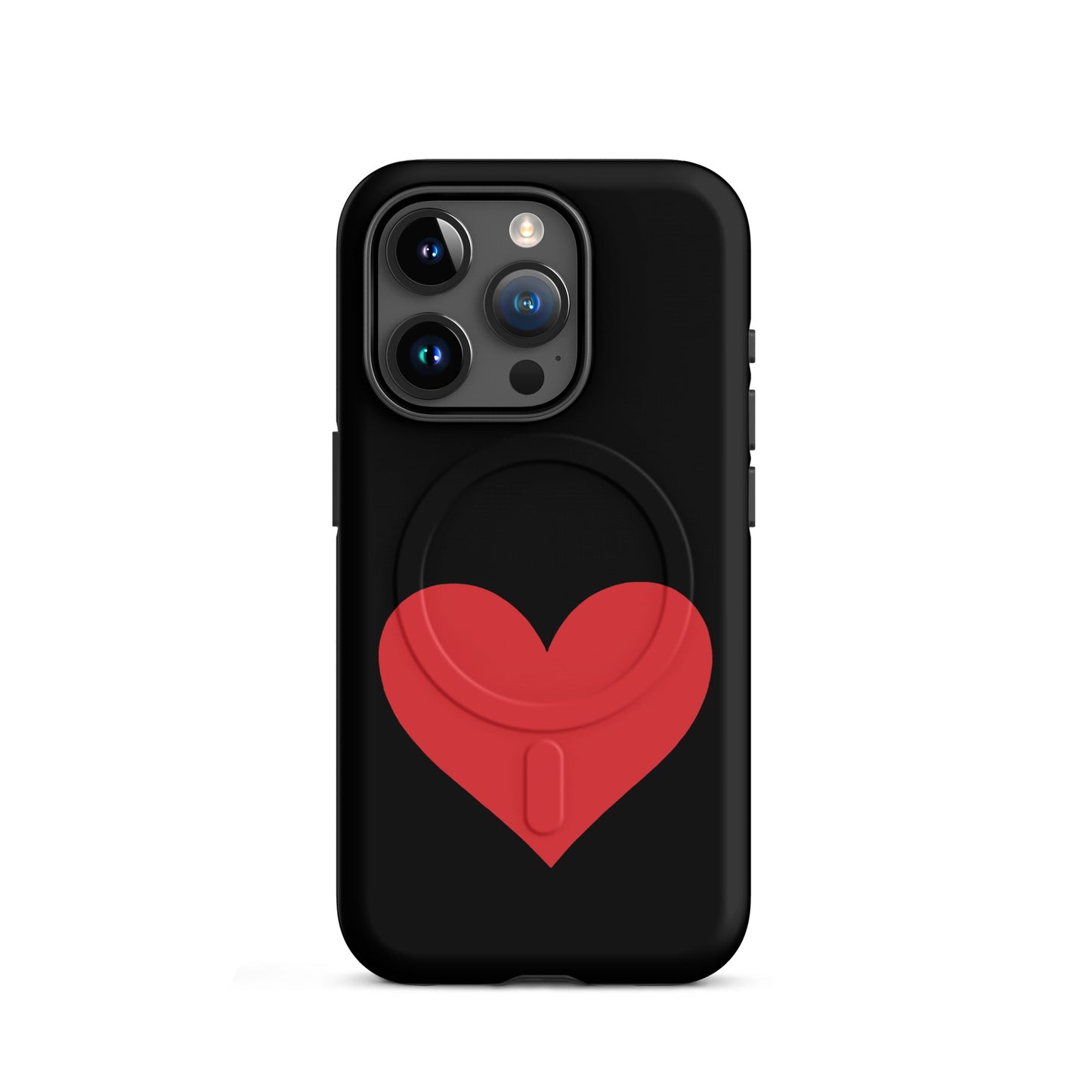 Magnetic Phone Case for iPhone featuring a vibrant red heart design on a black background.