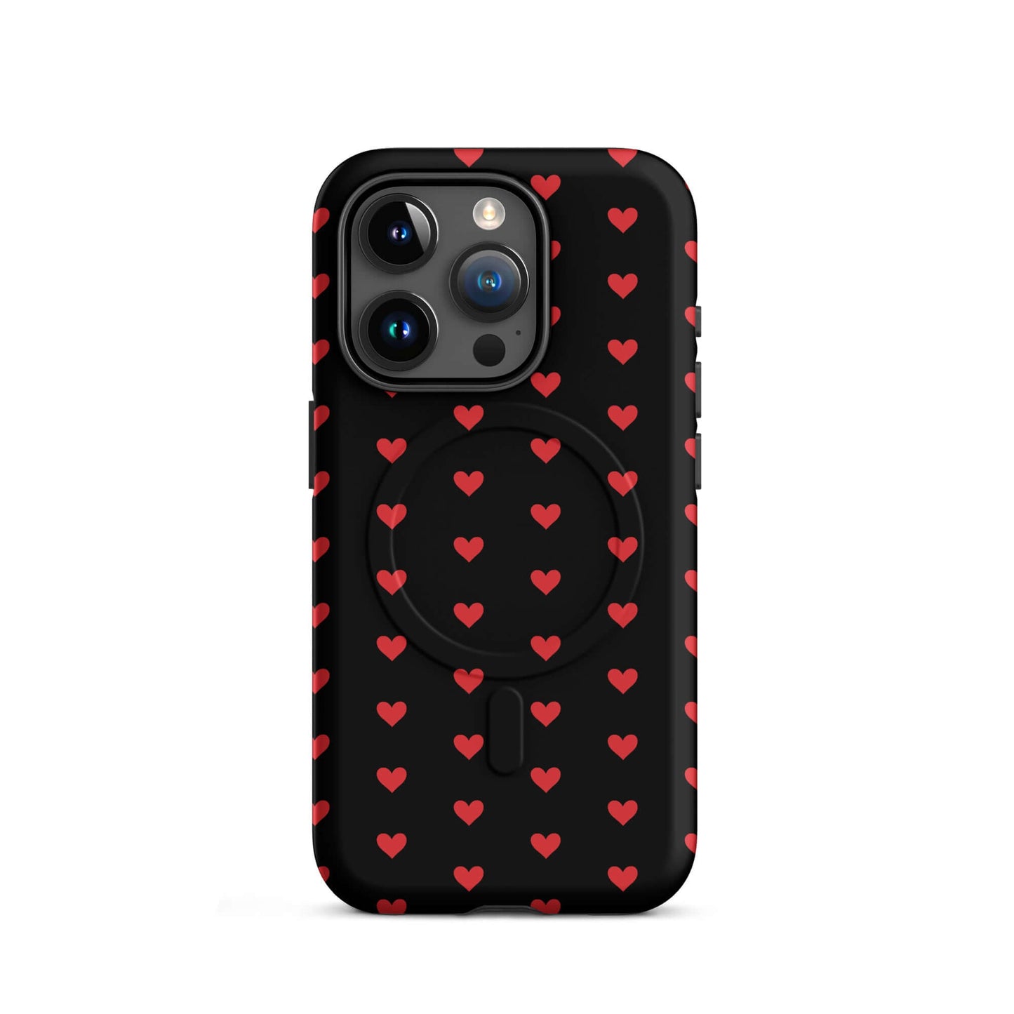 Magnetic Phone Case for iPhone with red heart pattern on black background, providing stylish protection.