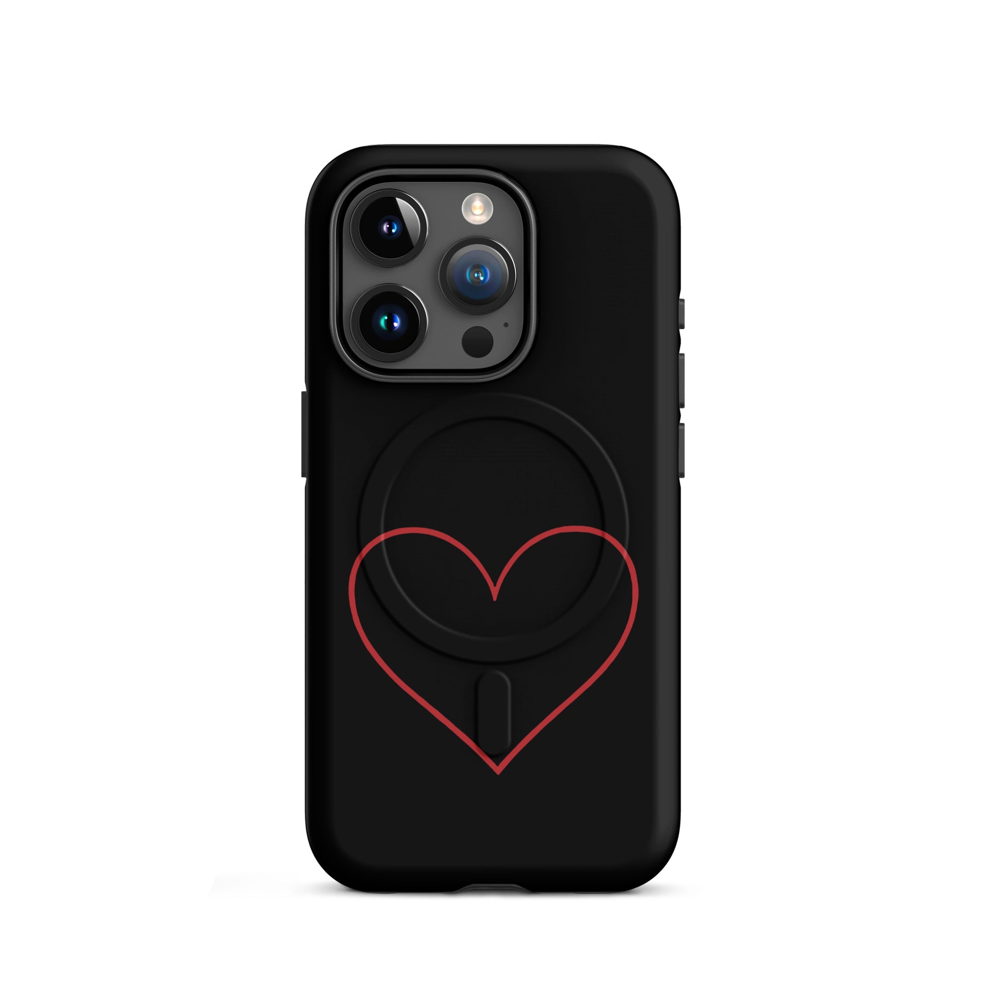 Magnetic Phone Case for iPhone featuring a minimalist crimson heart design on a sleek black background.