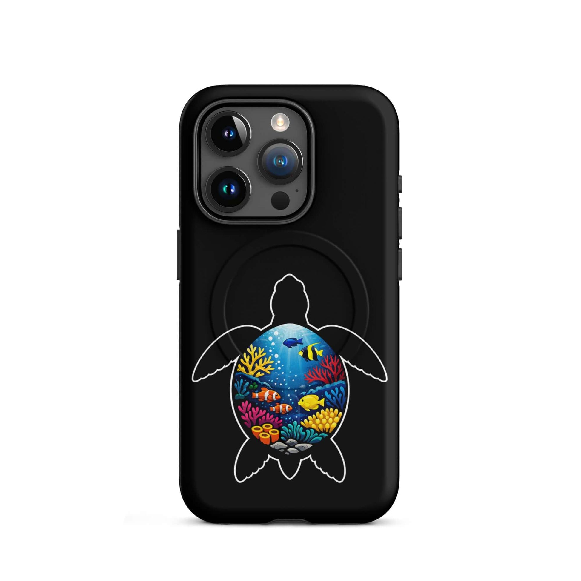 Magnetic Phone Case for iPhone featuring a vibrant sea turtle and coral reef design for stylish protection.