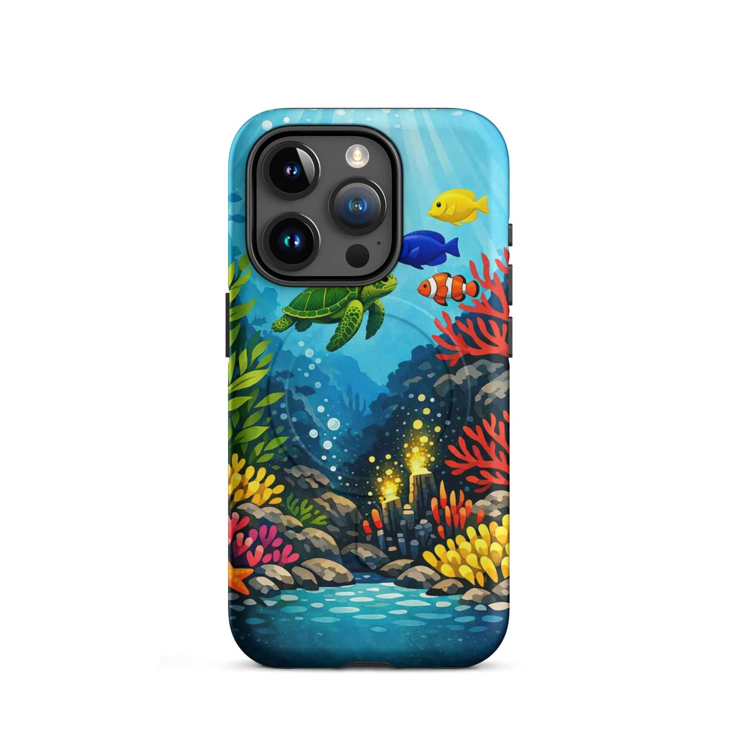 Magnetic Phone Case featuring vibrant sea turtle and coral reef design, bringing ocean artistry to your iPhone.