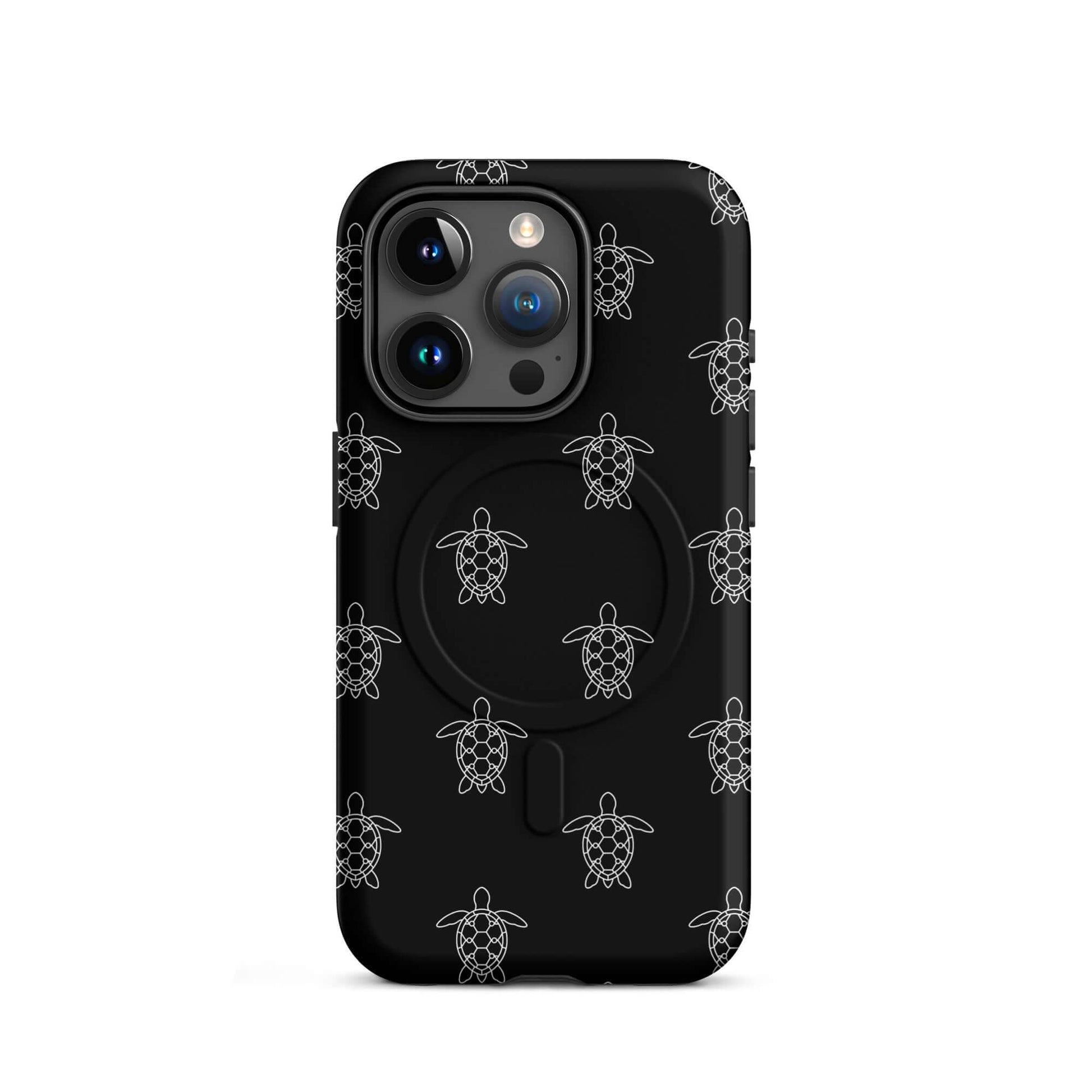 Magnetic Phone Case featuring minimalist sea turtle pattern with clean vector lines on a black background.