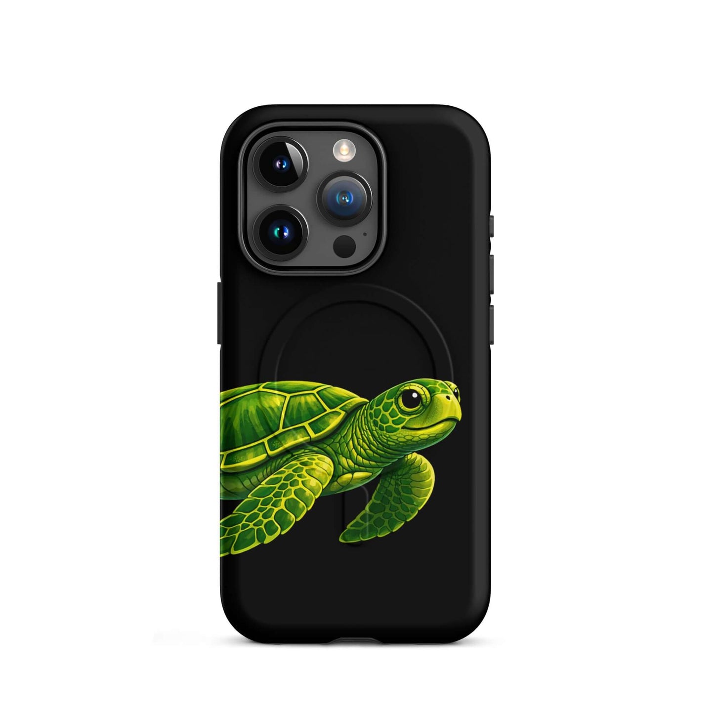 Magnetic Phone Case for iPhone featuring a vibrant sea turtle design on a black background.