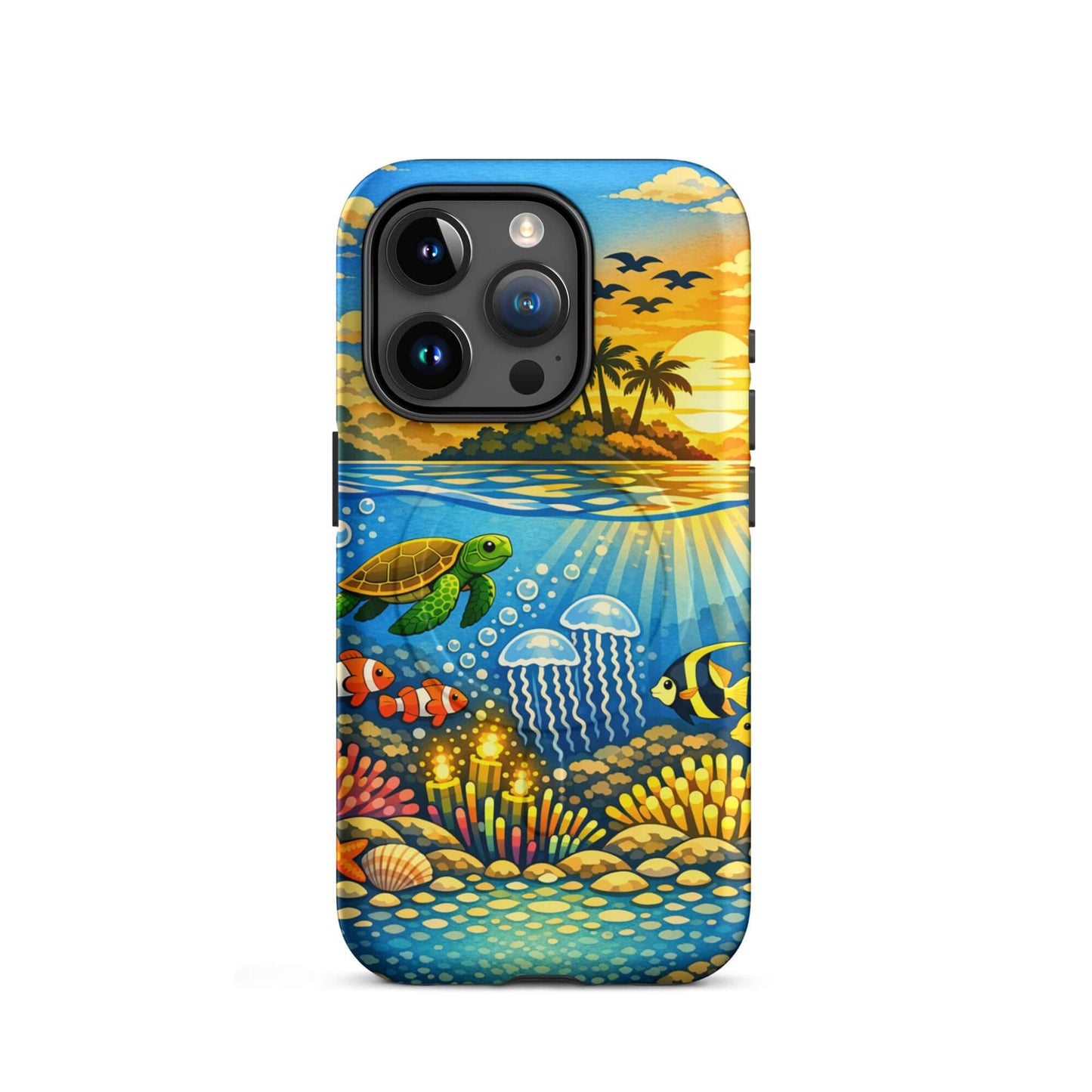 Magnetic Phone Case featuring a tropical sunset and vibrant underwater reef with sea turtles and coral.