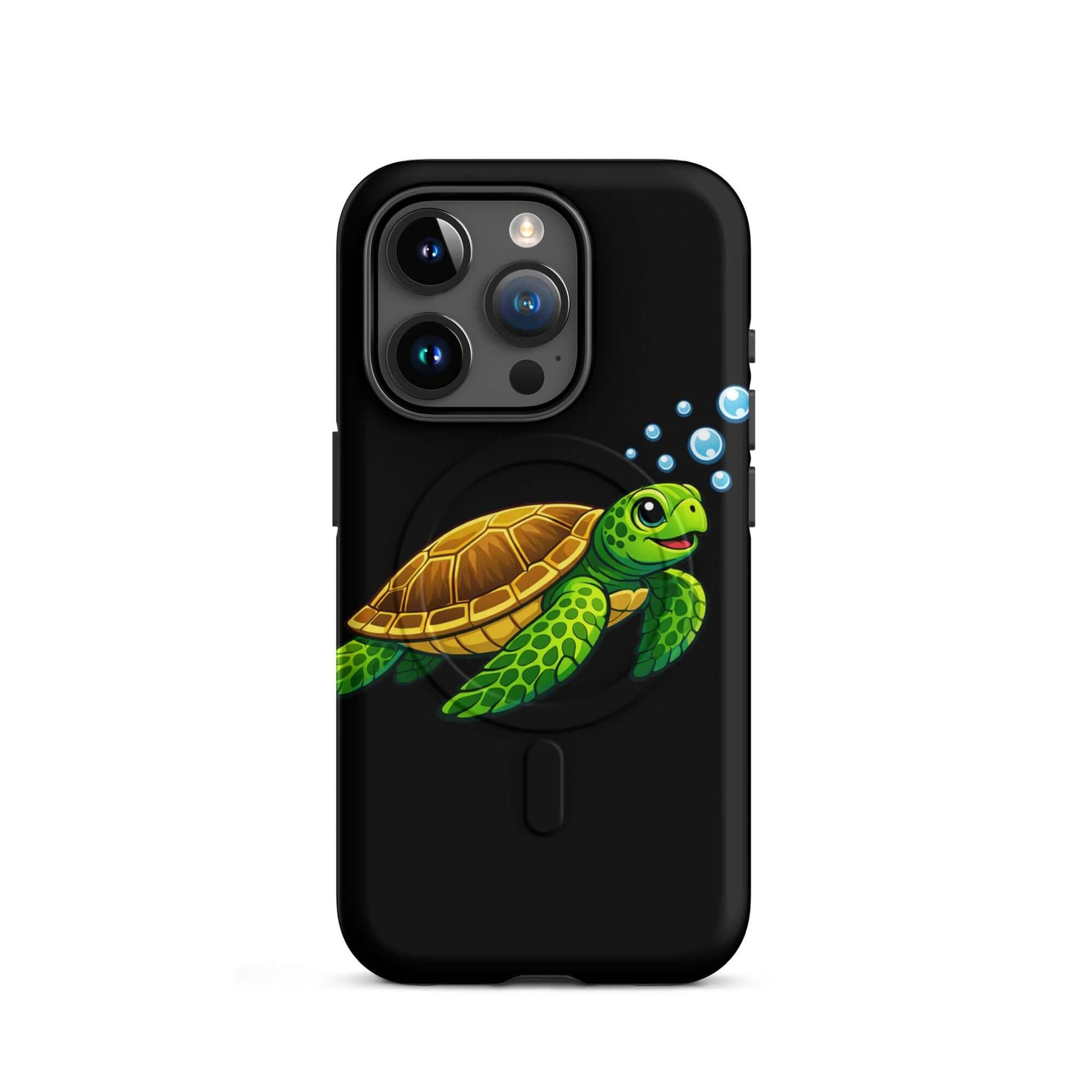 Magnetic Phone Case featuring a joyful sea turtle design with bubbles on a black background.