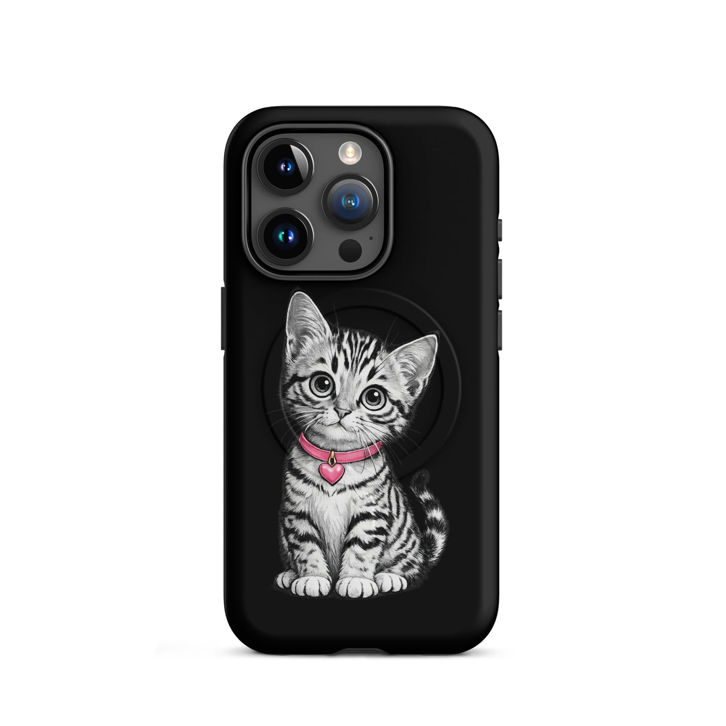 Magnetic Phone Case for iPhone featuring a pencil-sketch kitten with a pink collar and heart charm. Stylish protection for your device.
