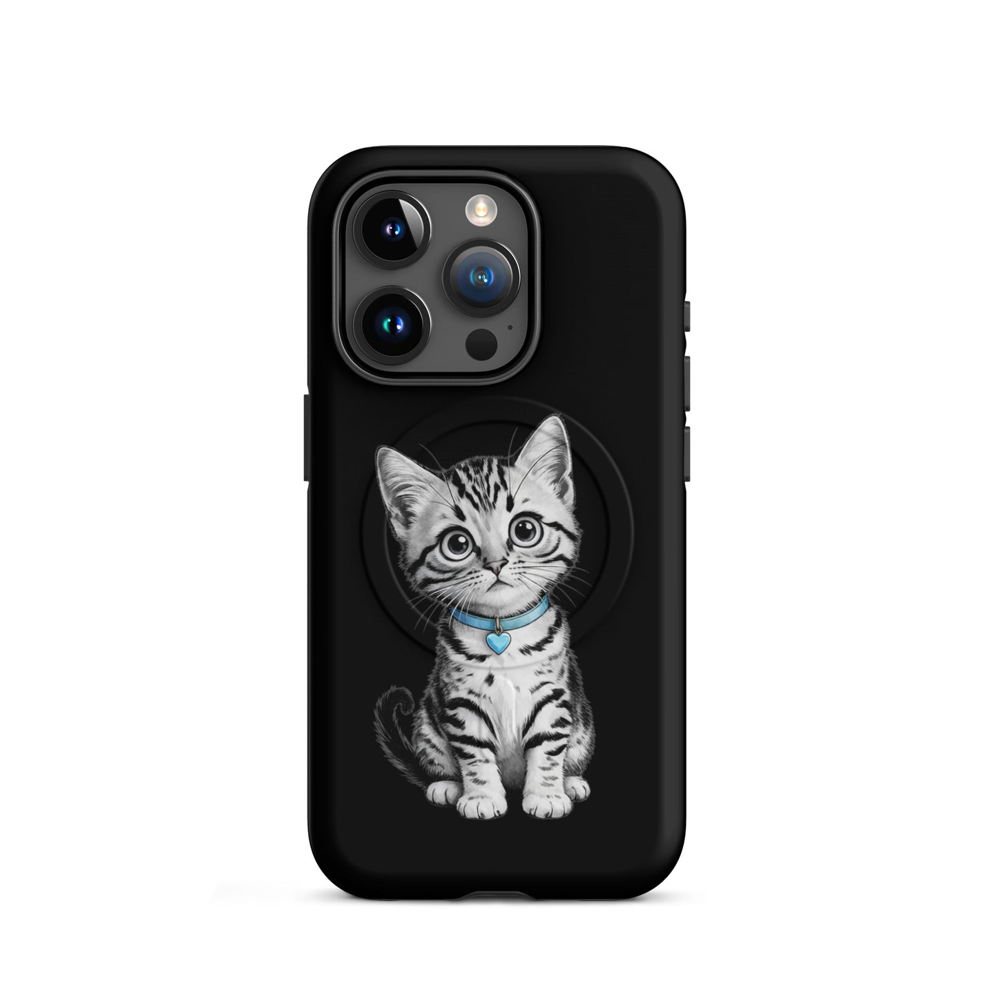 Magnetic Phone Case with kitten design, featuring blue collar and heart charm for stylish iPhone protection.