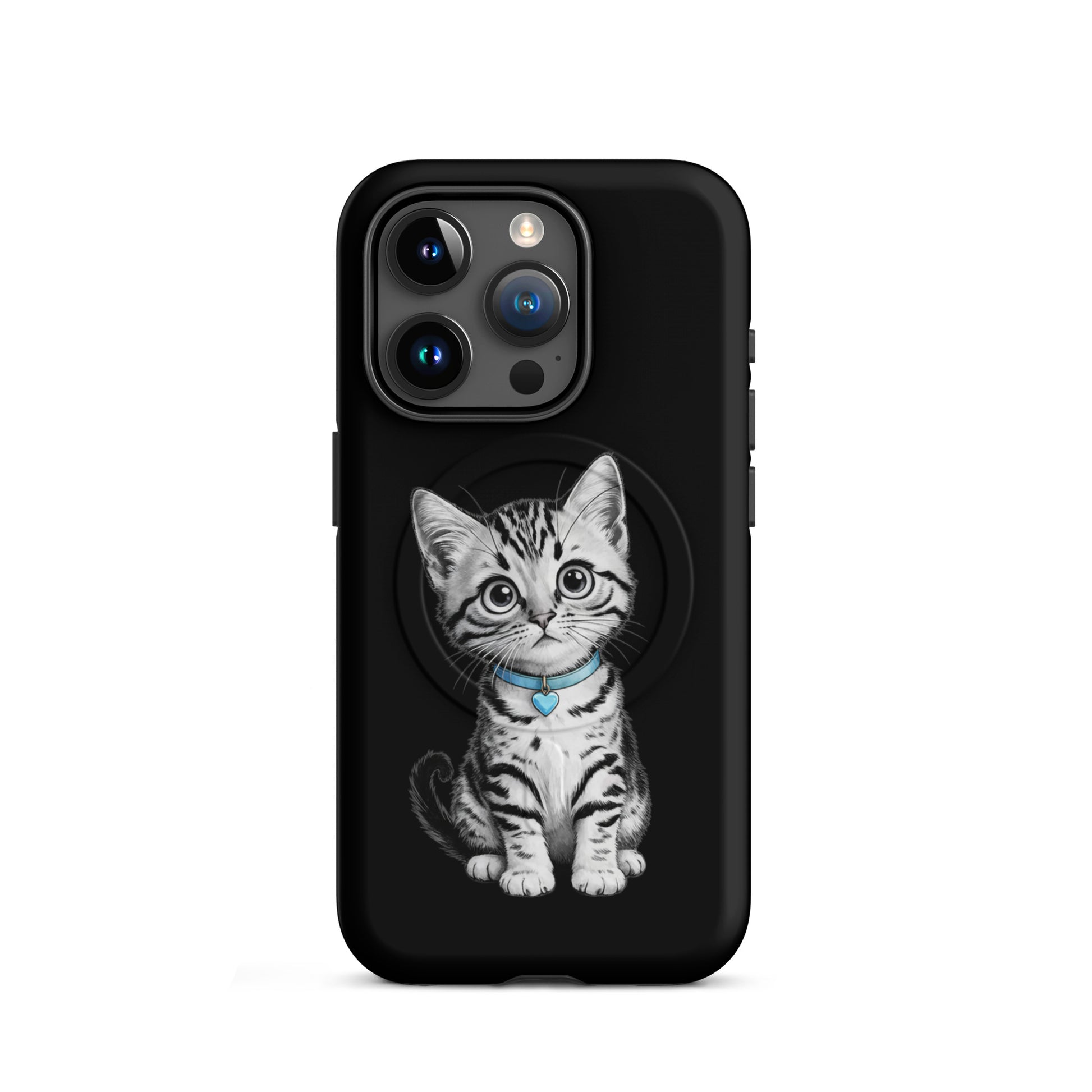 Magnetic Phone Case with kitten design, featuring blue collar and heart charm for stylish iPhone protection.