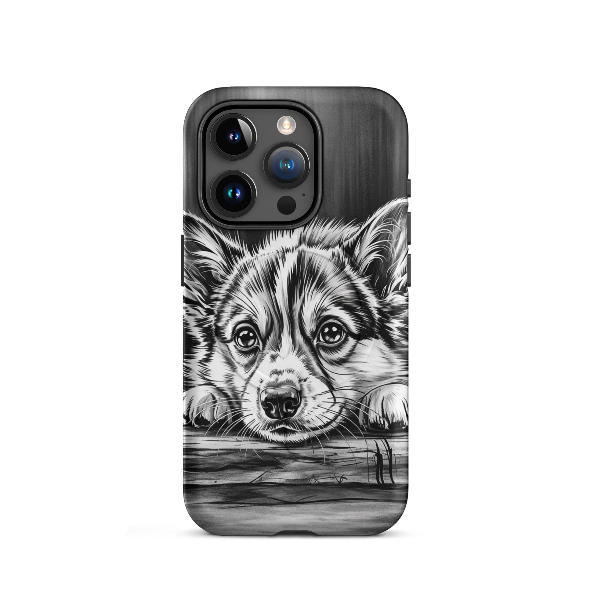 Magnetic Phone Case for iPhone featuring elegant puppy art illustration on a protective monochrome design, elegant and stylish.