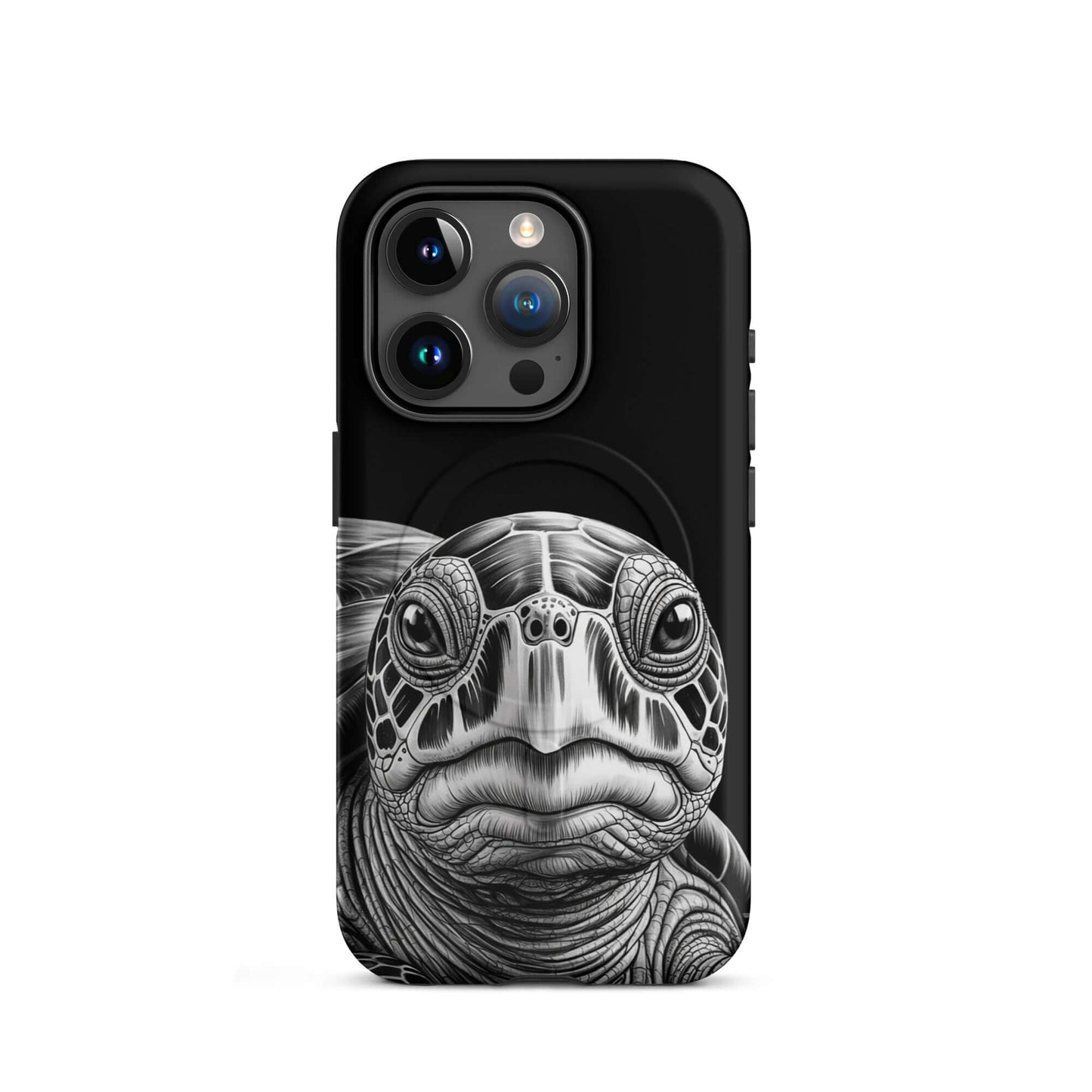 Magnetic Phone Case featuring ancient sea turtle art in black-and-white sketch, expertly detailed for iPhone protection.