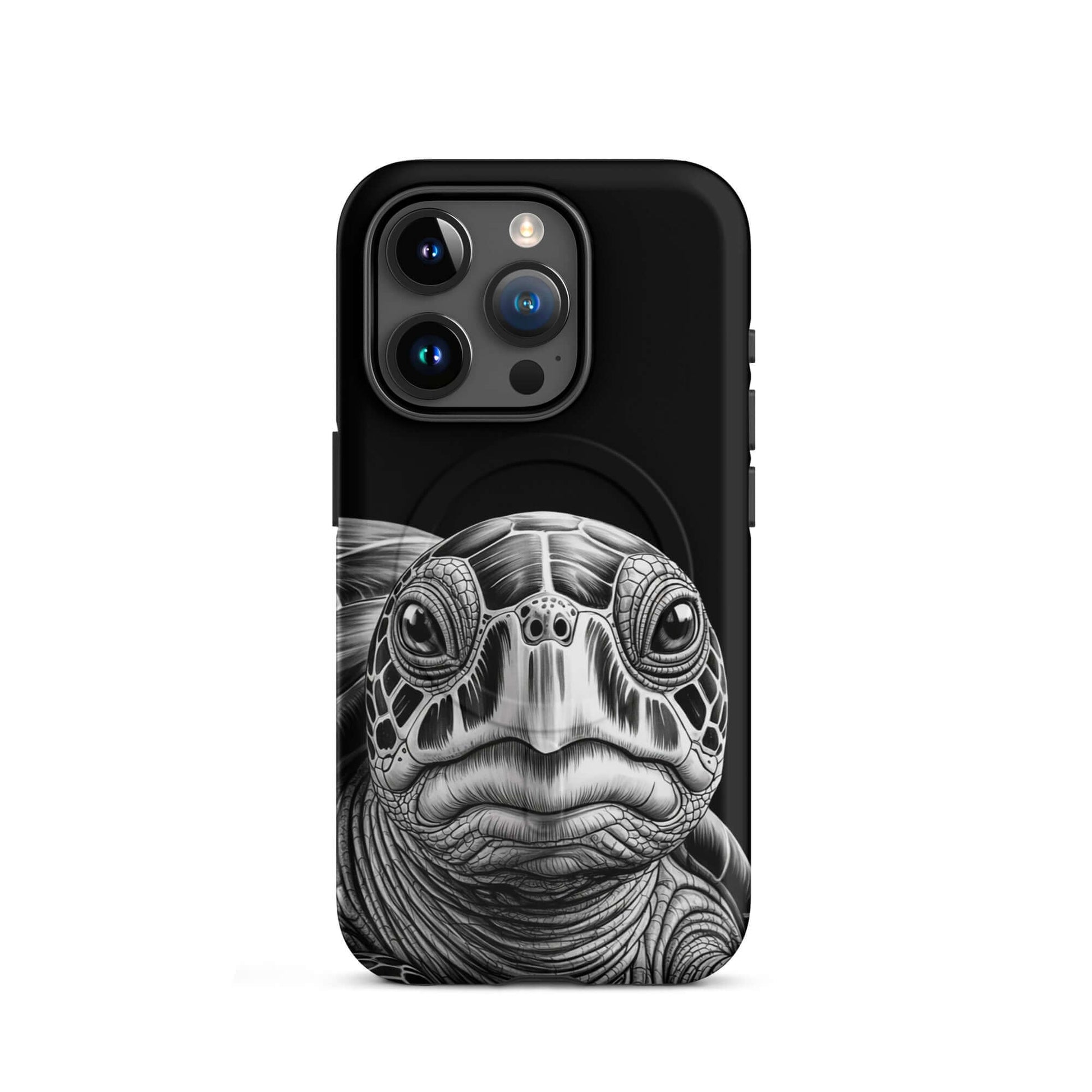 Magnetic Phone Case featuring ancient sea turtle art in black-and-white sketch, expertly detailed for iPhone protection.
