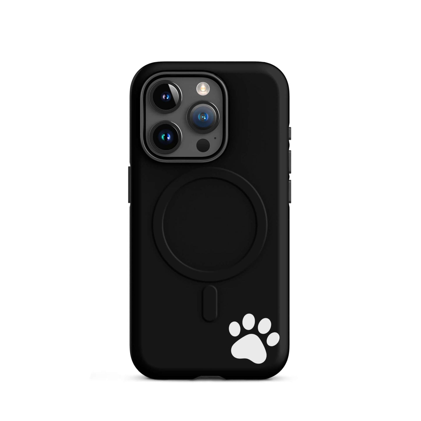 Magnetic Phone case with black design and white paw print on iPhone, emphasizing minimalist style.