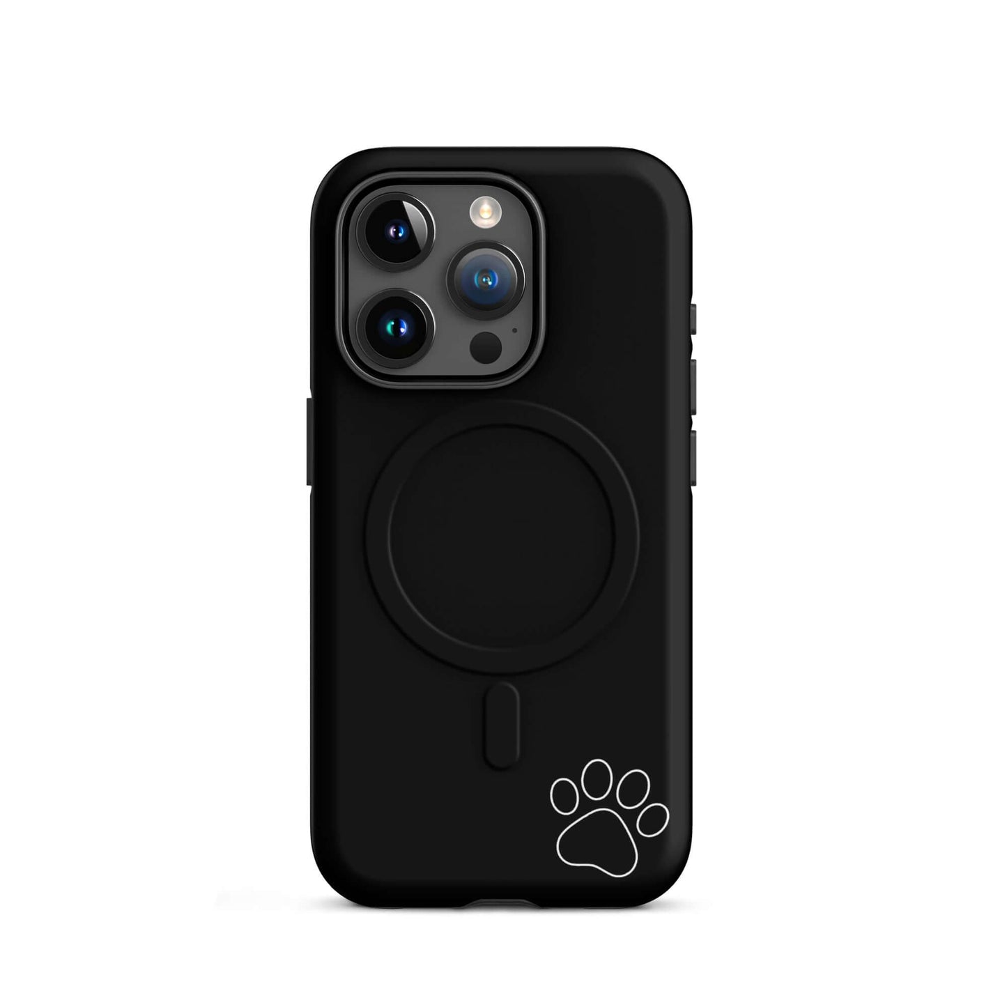 Magnetic Phone case for iPhone with black design and white paw print in lower right corner, minimalist tough case style.