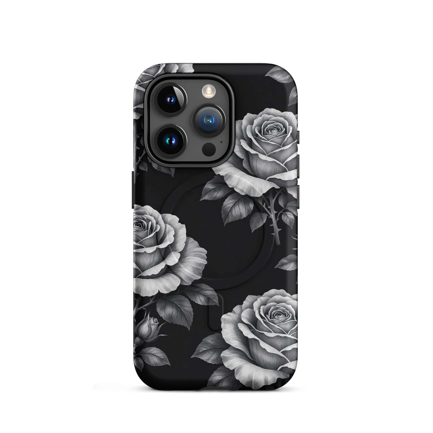 Magnetic Phone Case for iPhone with floral rose design on black background.