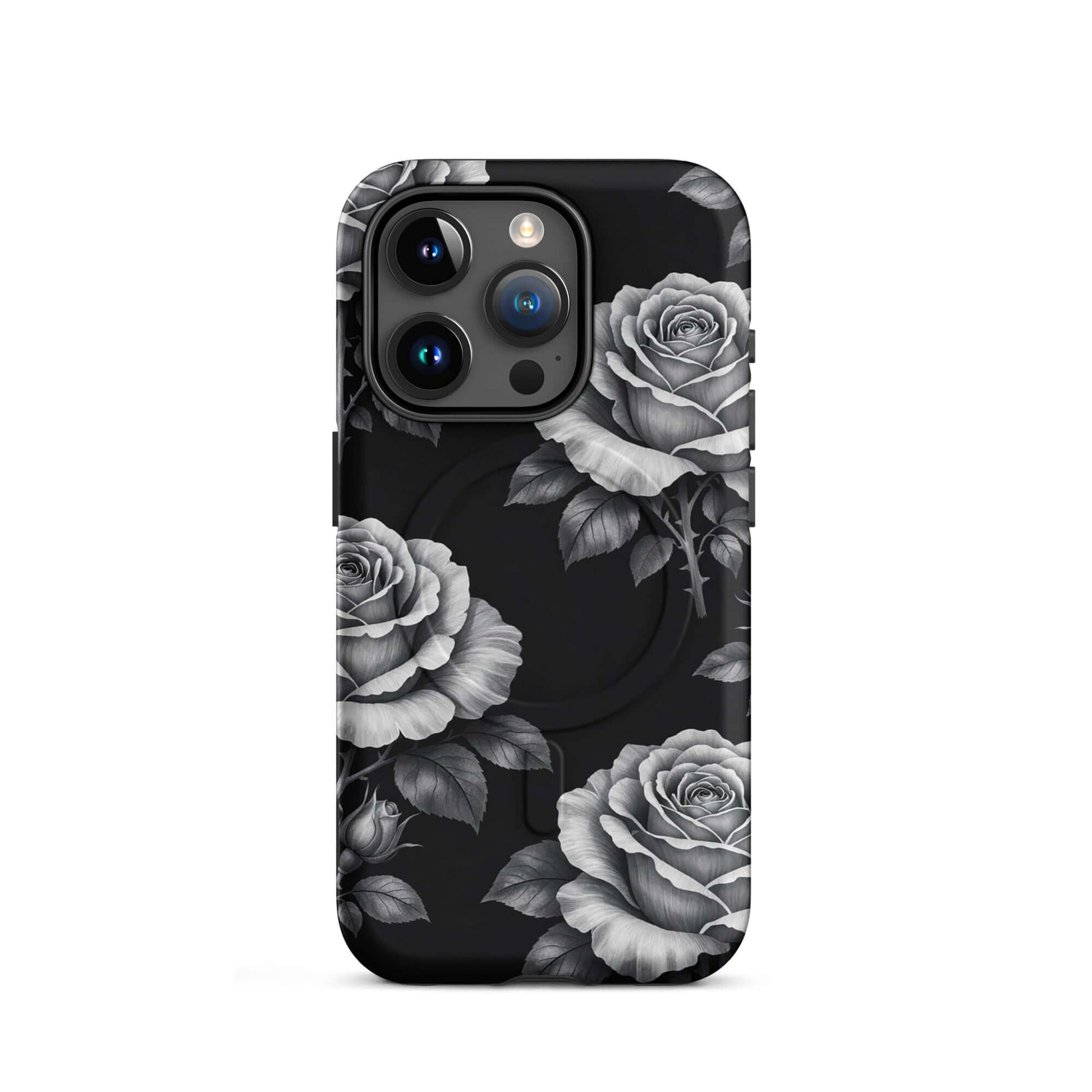 Magnetic Phone Case for iPhone with floral rose design on black background.
