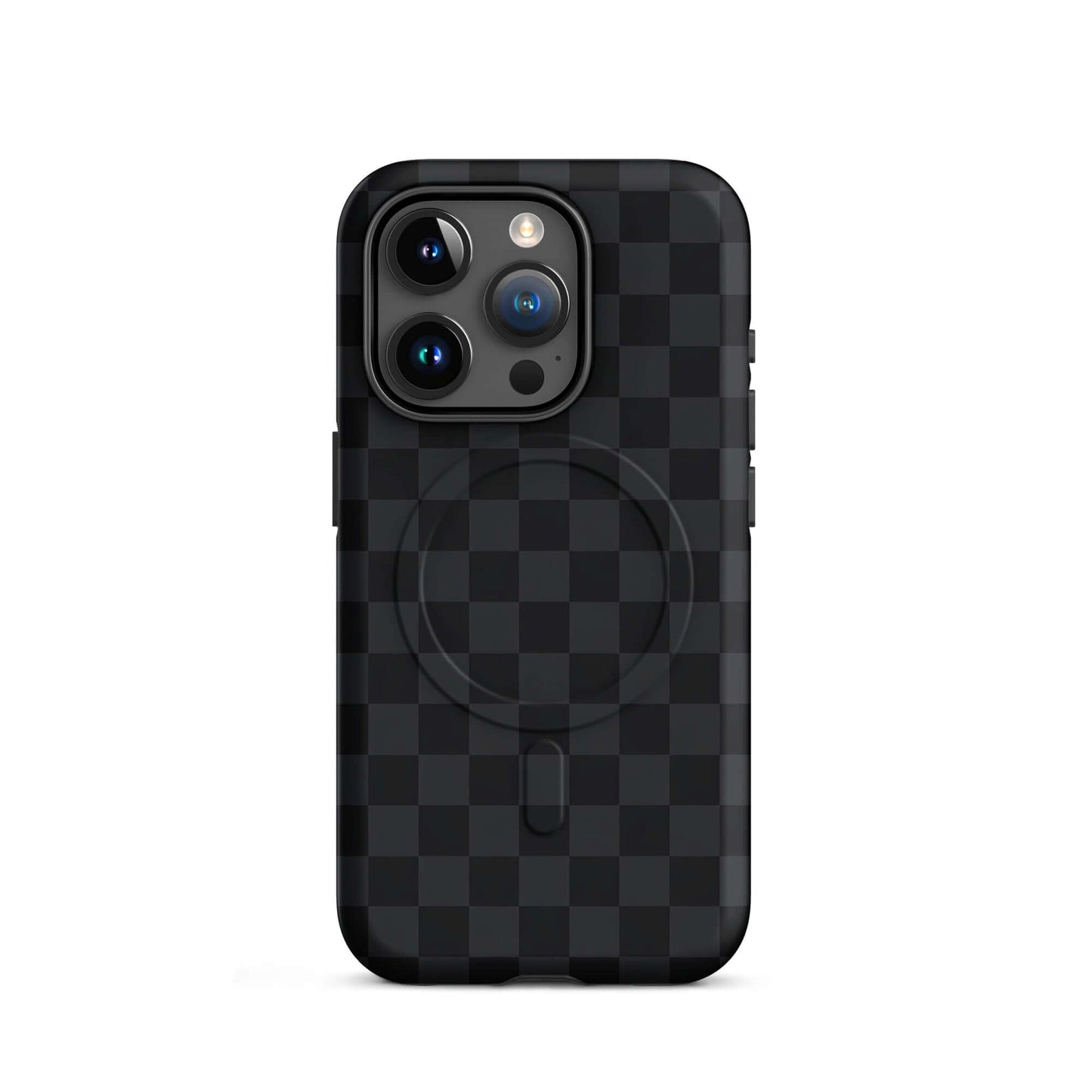 Magnetic Phone Case for iPhone with black and charcoal checkered design, sleek and modern protection for your device.