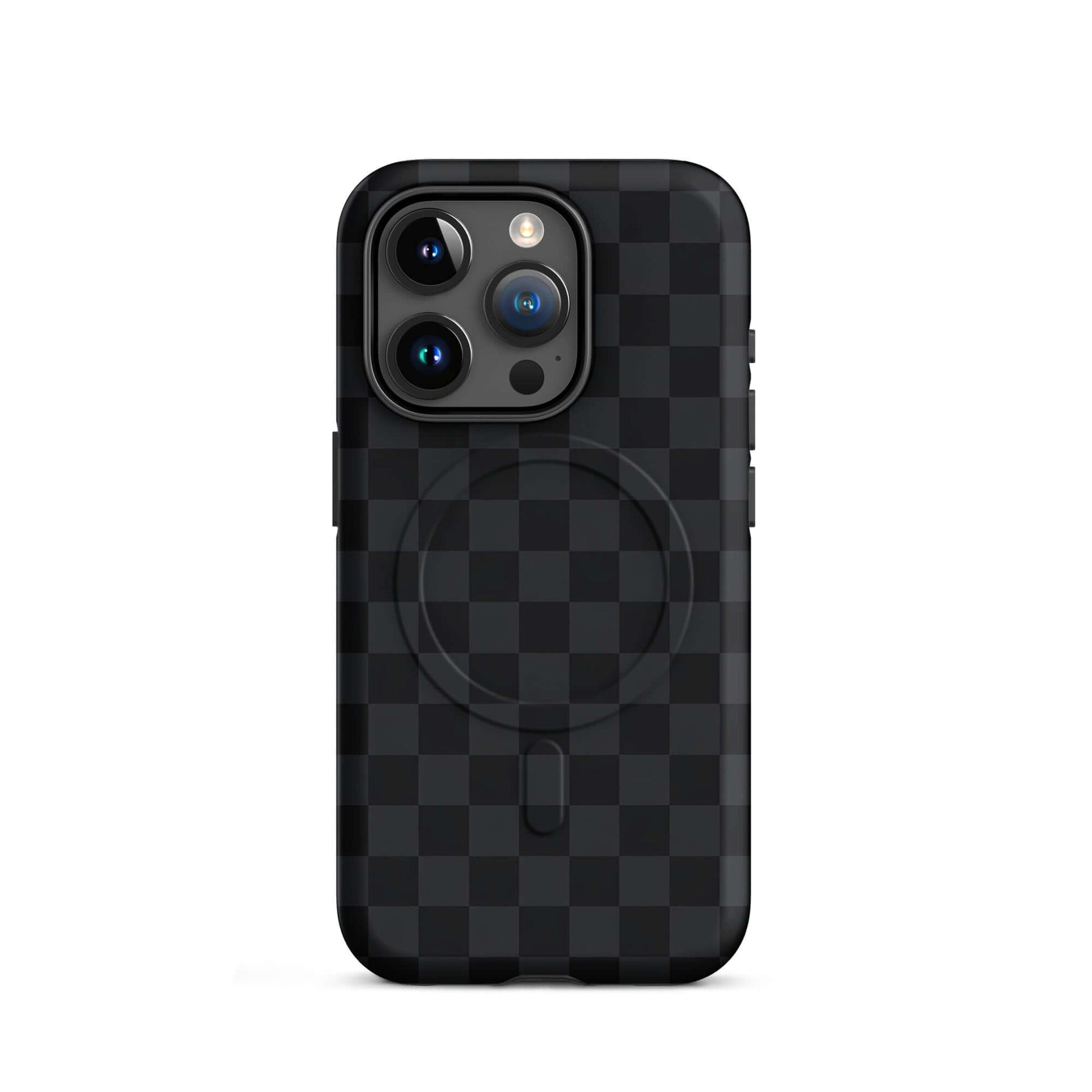 Magnetic Phone Case for iPhone with black and charcoal checkered design, sleek and modern protection for your device.