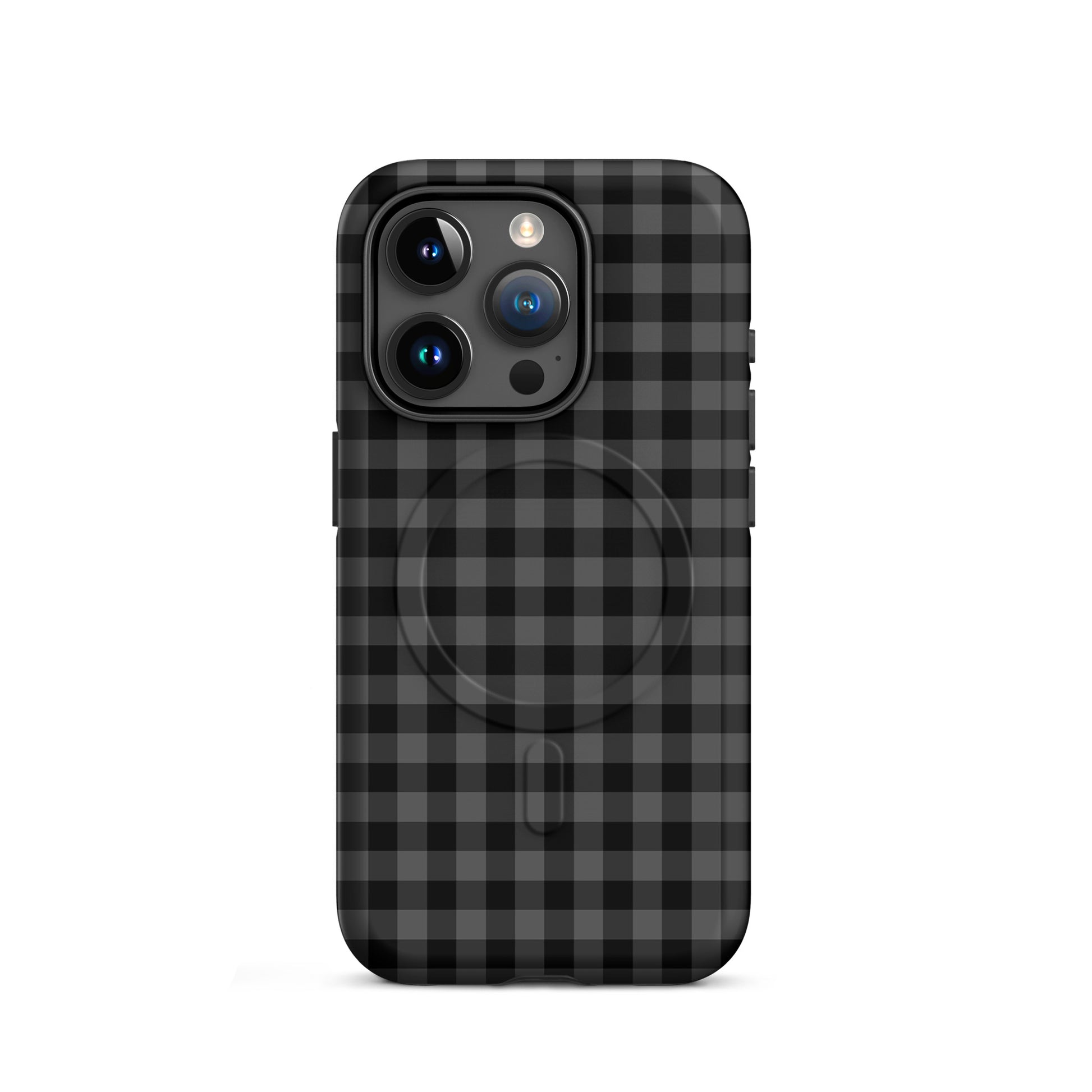 Magnetic Phone Case with black-and-charcoal gingham pattern for iPhone, offering style and durability