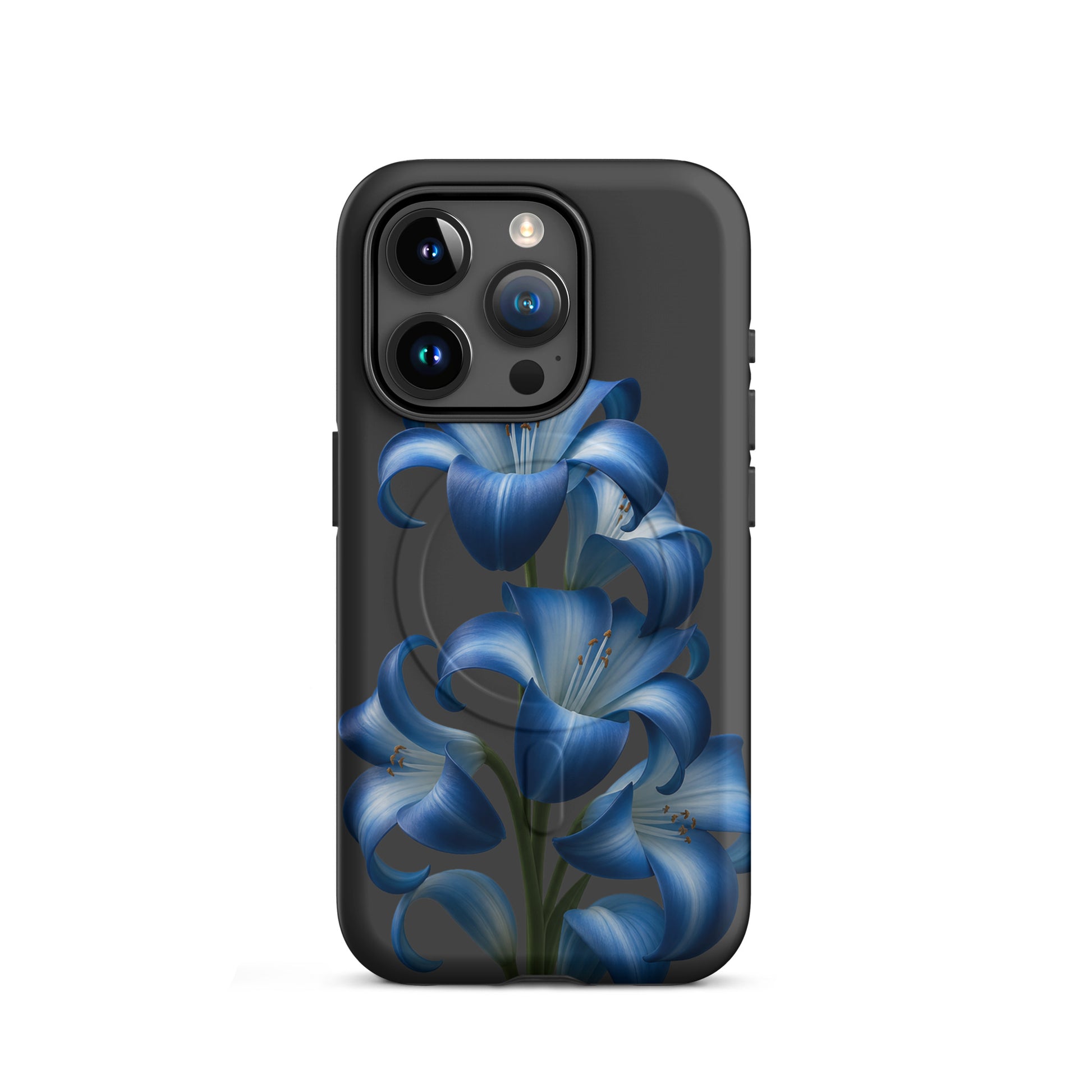 Magnetic Phone Case for iPhone featuring blue lily bloom design on a dark backdrop.