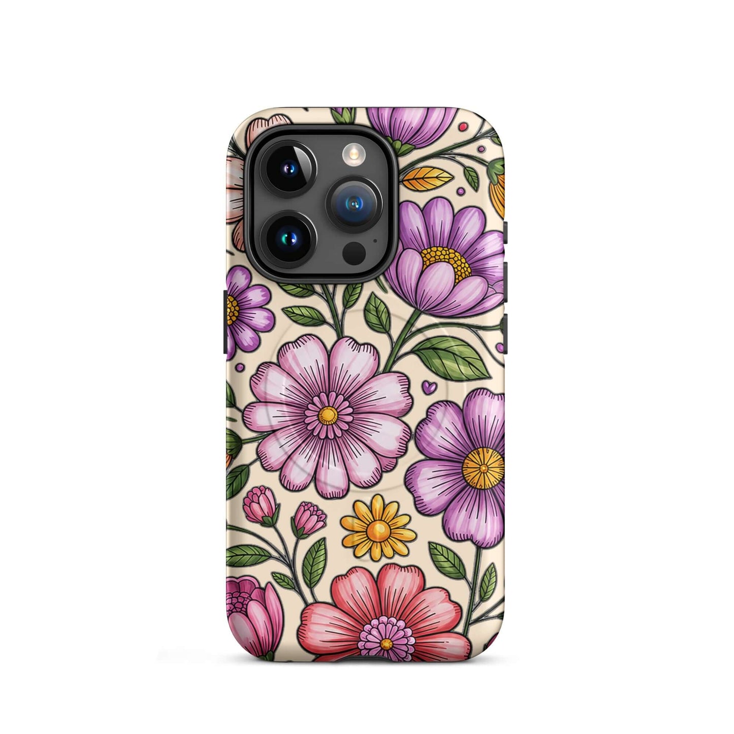 Magnetic Phone Case with pastel floral design in soft pink, peach, lavender, and yellow hues.