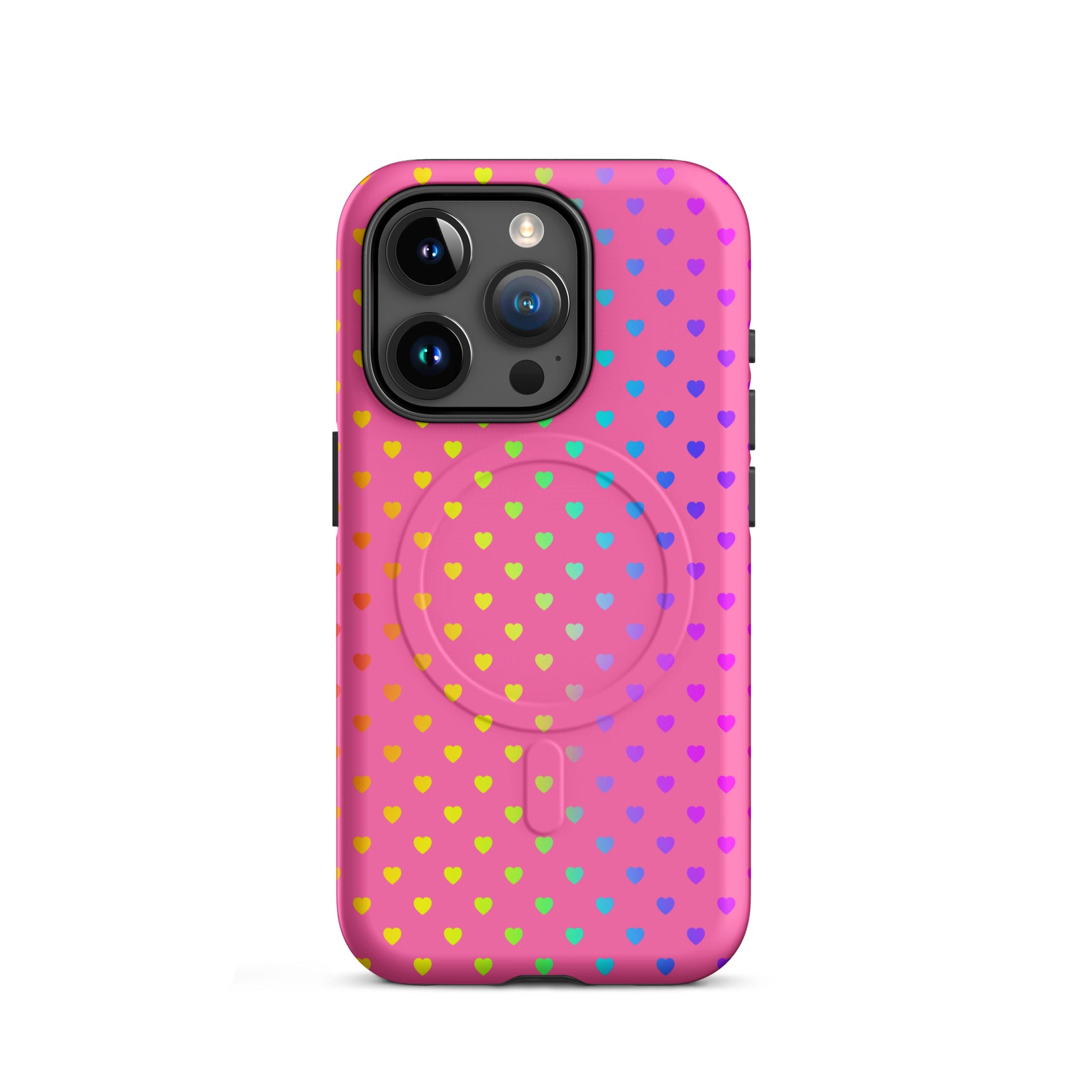 Magnetic Phone Case for iPhone with cute rainbow hearts on pink background, featuring a durable dual-layer design for added protection.
