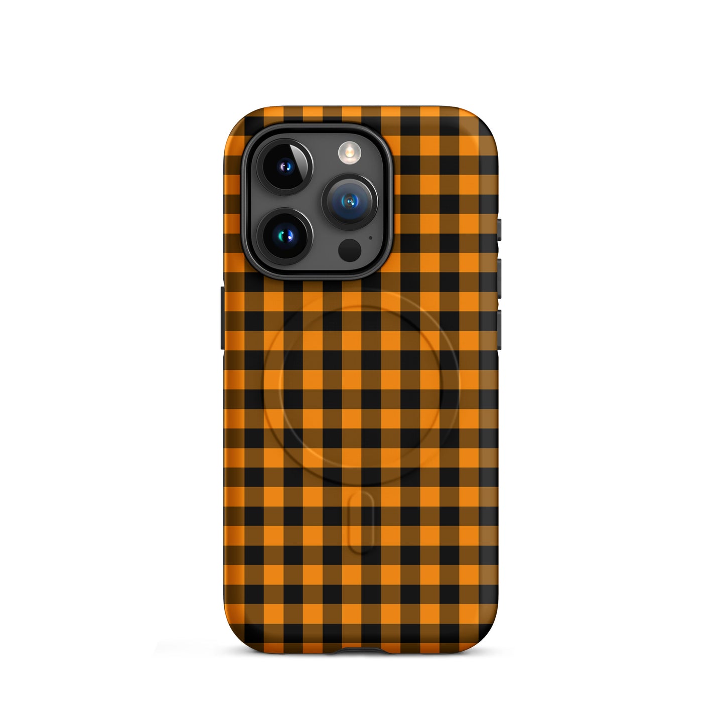 Magnetic Phone Case with black-and-orange gingham design for iPhone, Autumn theme, stylish and durable accessory.