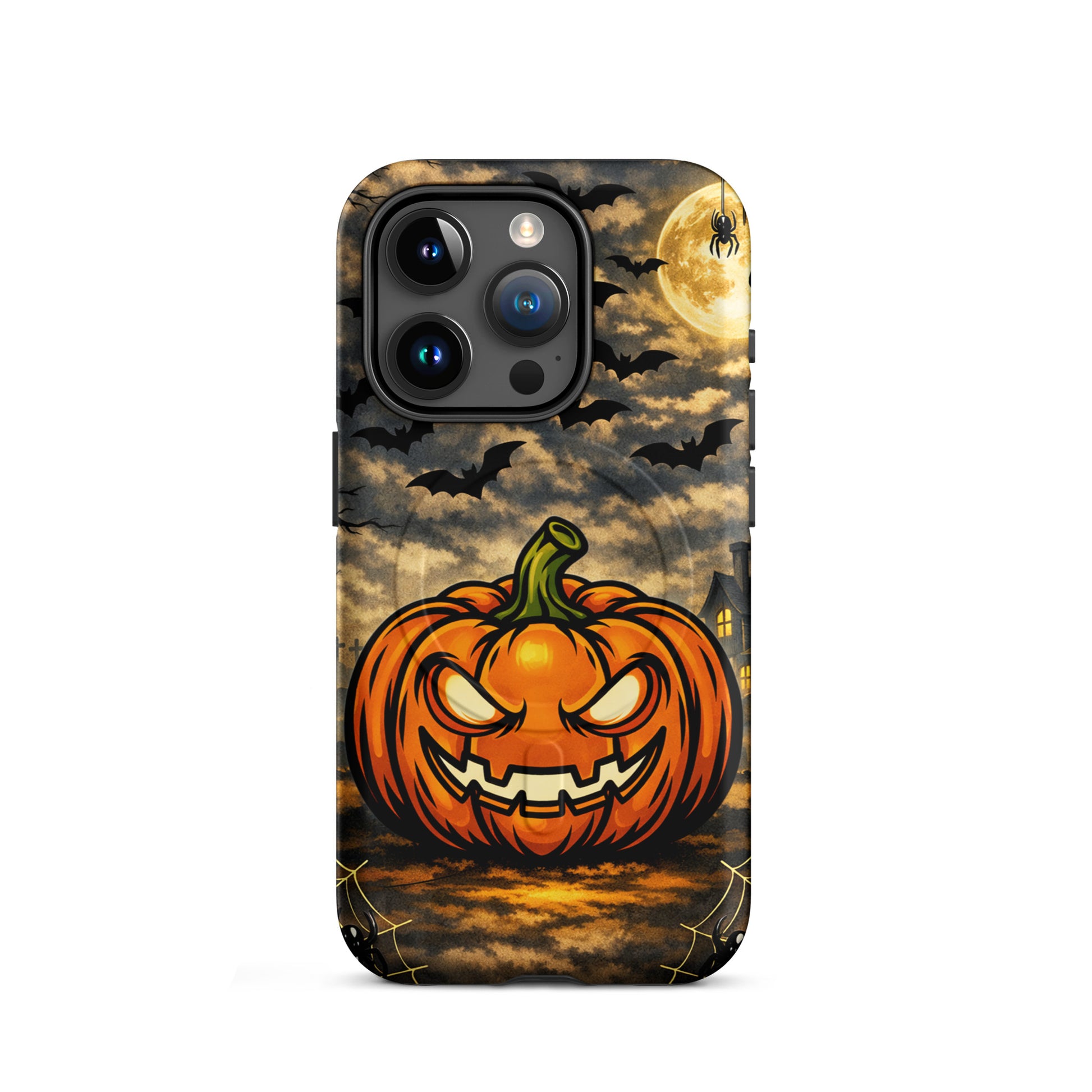 Magnetic Phone Case with haunted pumpkin and bats, perfect for Halloween spooky charm and protection.