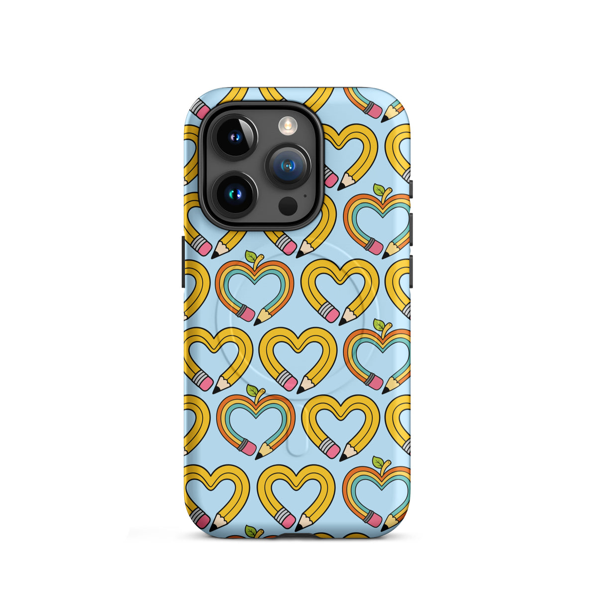Magnetic Phone Case with playful pencil-heart pattern and green leaves, ideal for back-to-school charm and creativity.