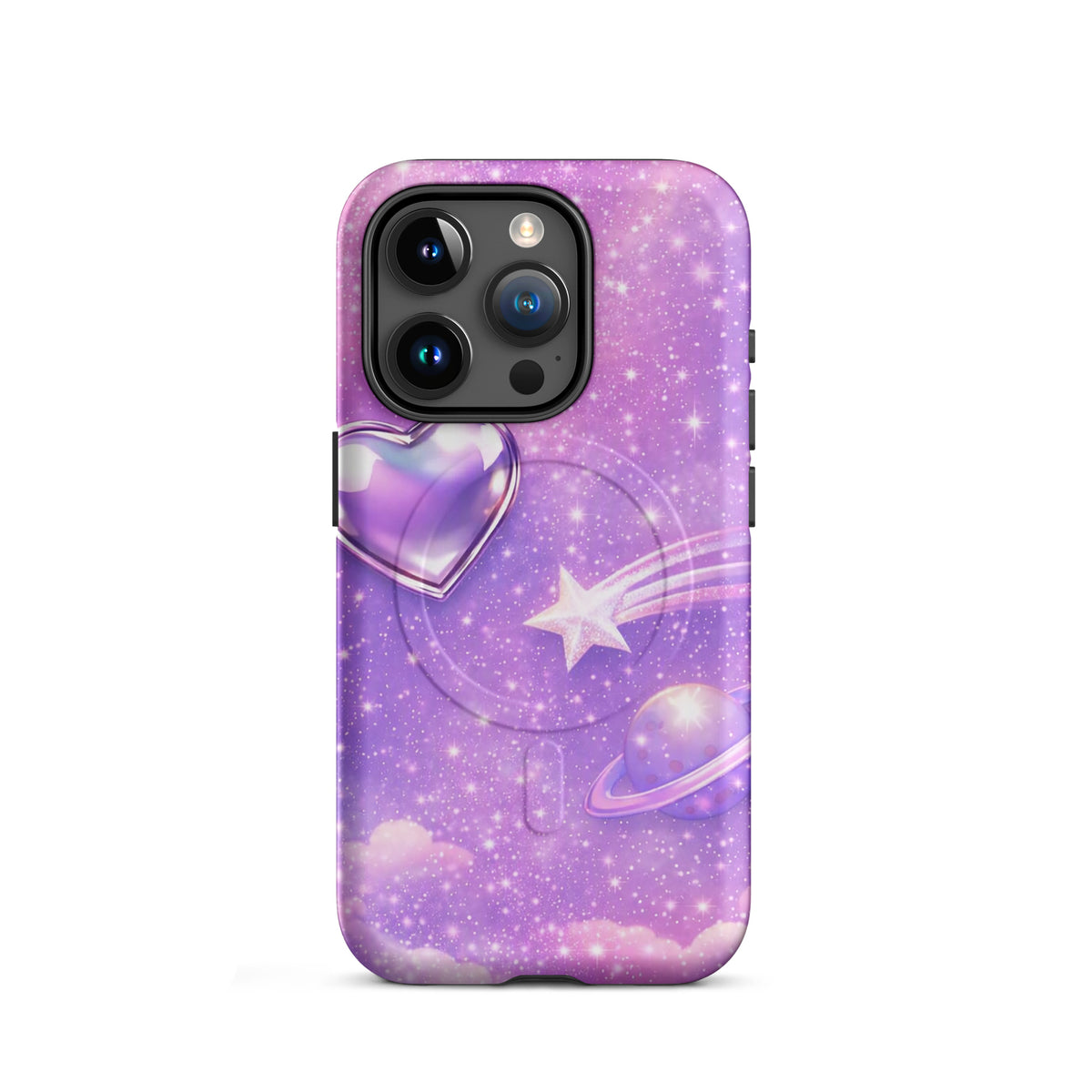 Magnetic Phone Case featuring cosmic heart and shooting star design with pastel clouds and celestial artwork for iPhone.