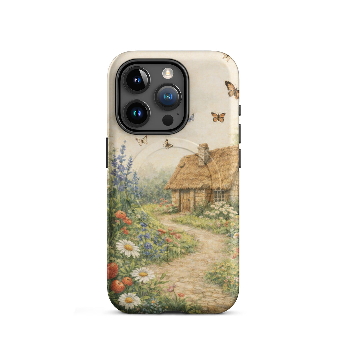 Magnetic Phone Case with cottage garden art design featuring a thatched-roof and vibrant flowers, perfect for iPhone users seeking style.
