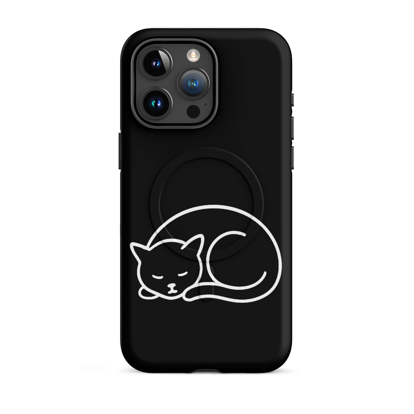 Magnetic Phone Case for iPhone featuring minimalist curled-up cat design in black on a sleek case.