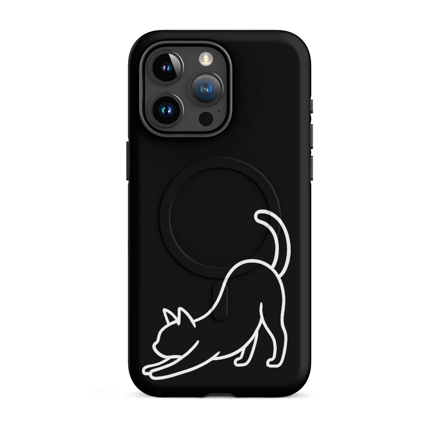 Magnetic Phone Case featuring a minimalist stretching cat design on a sleek black background for iPhone.