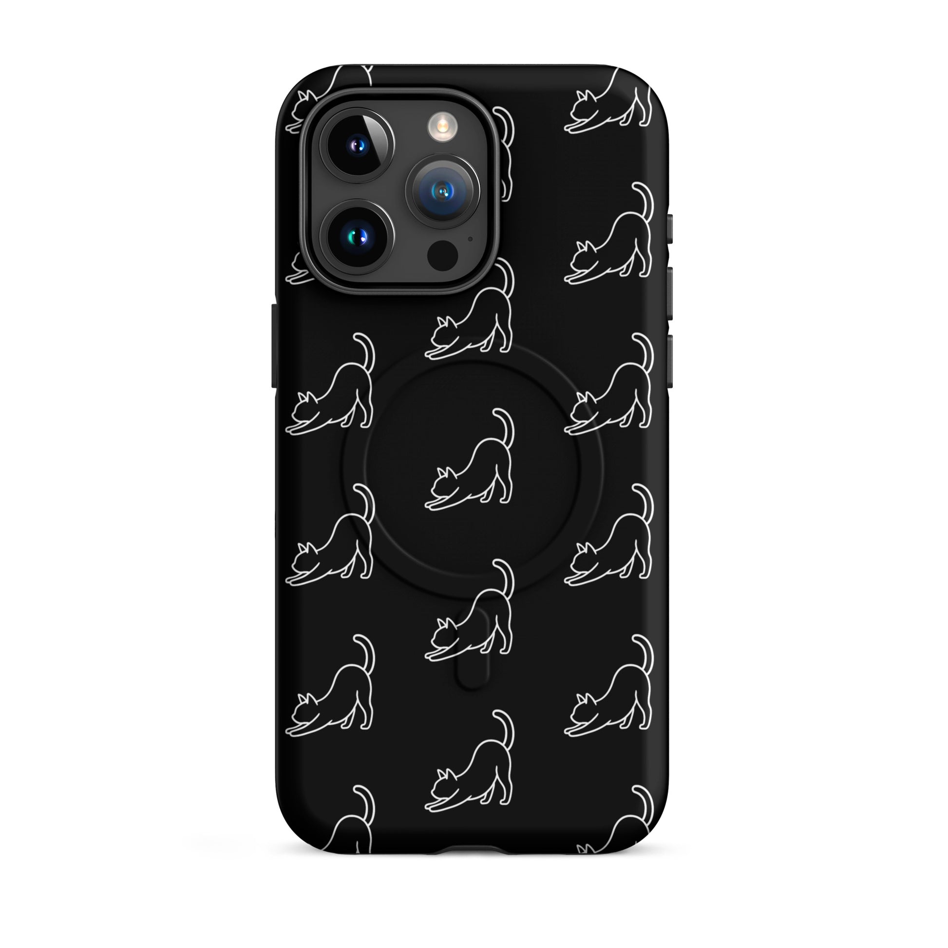 Magnetic Phone Case featuring a minimalist stretching cat pattern for iPhone, perfect for cat lovers.